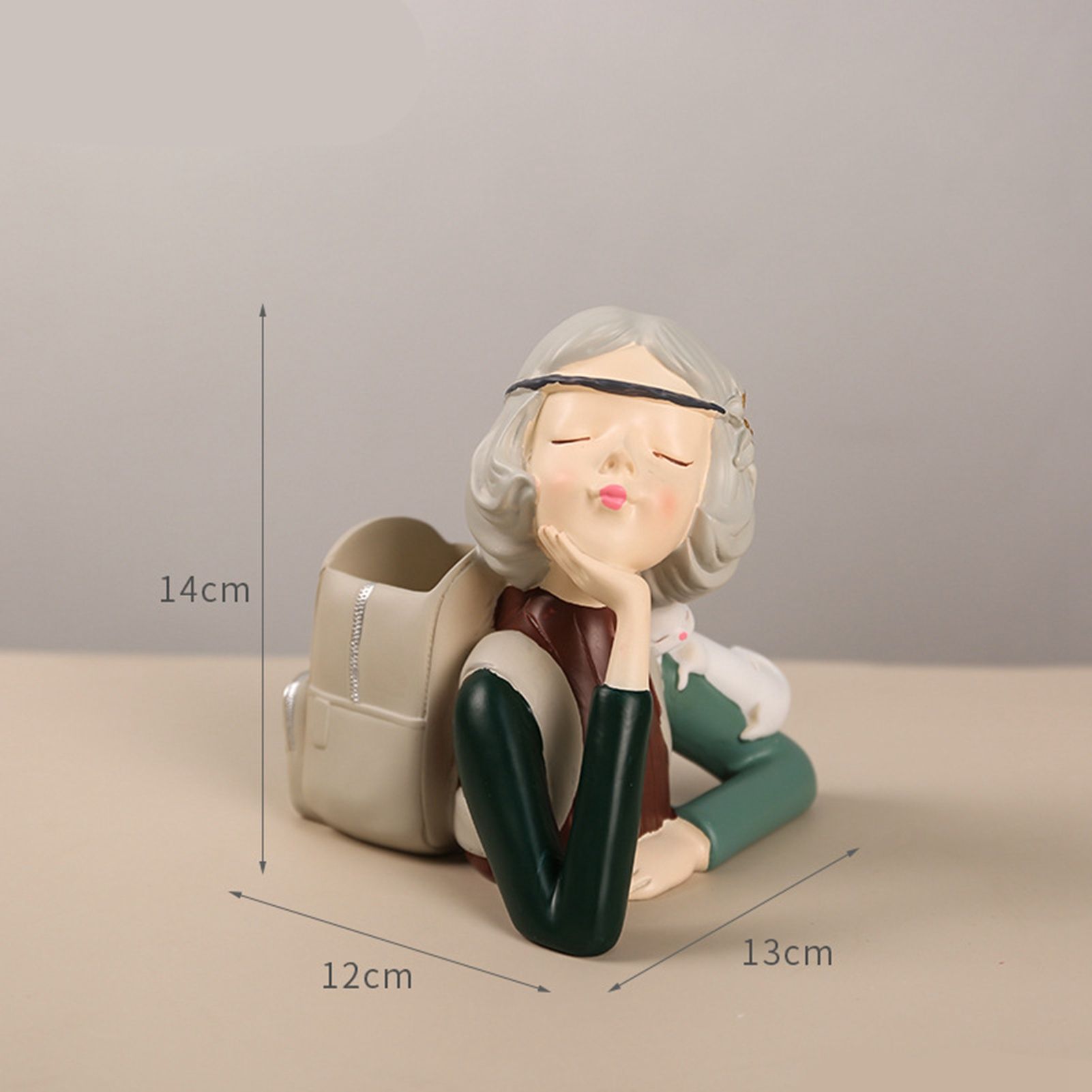 Brush Pot Pen Holder Container Cute Girl Styling Desktop Decoration Ornaments Resin Craftwork Bag Girl Green - Image 2