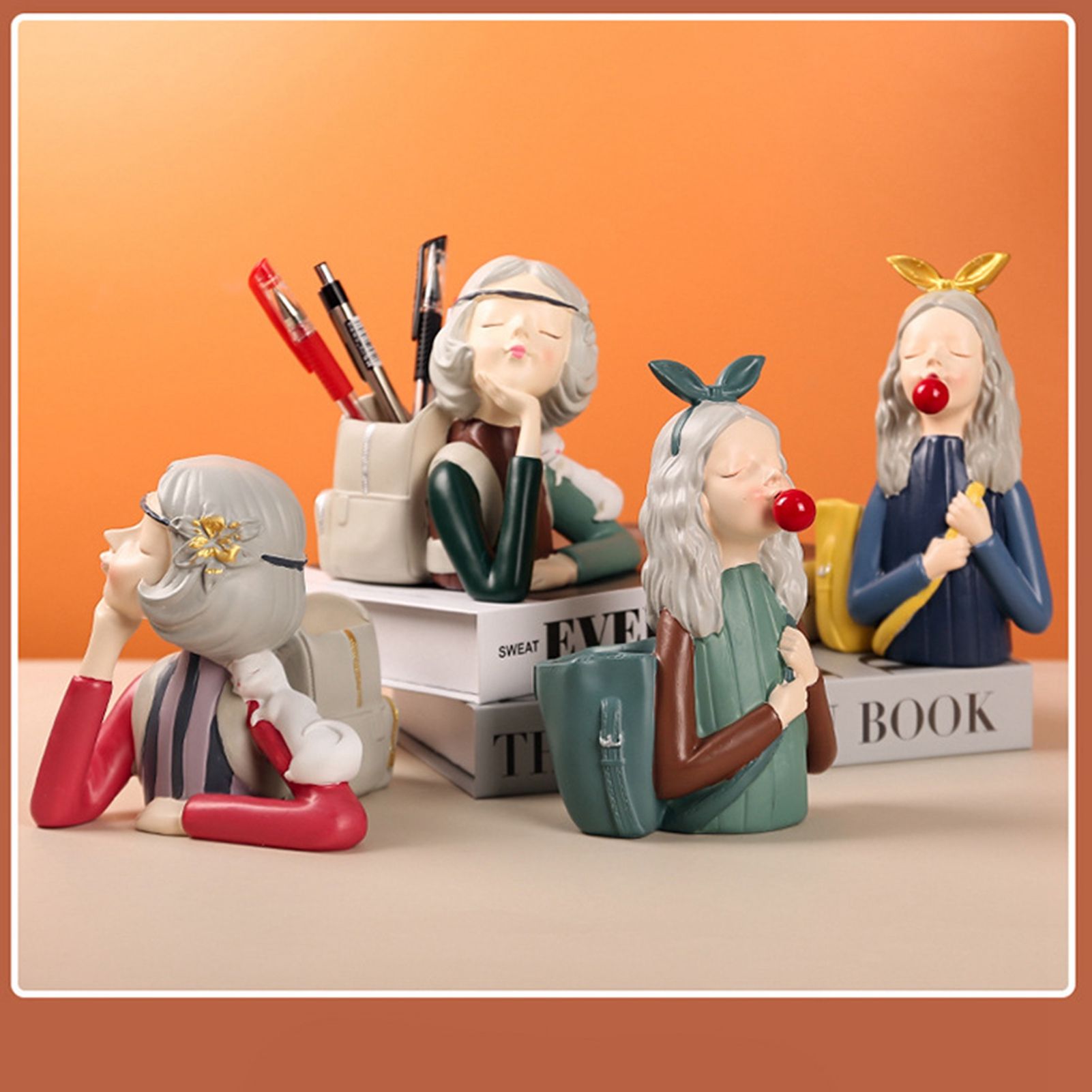 Brush Pot Pen Holder Container Cute Girl Styling Desktop Decoration Ornaments Resin Craftwork Bag Girl Green - Image 3
