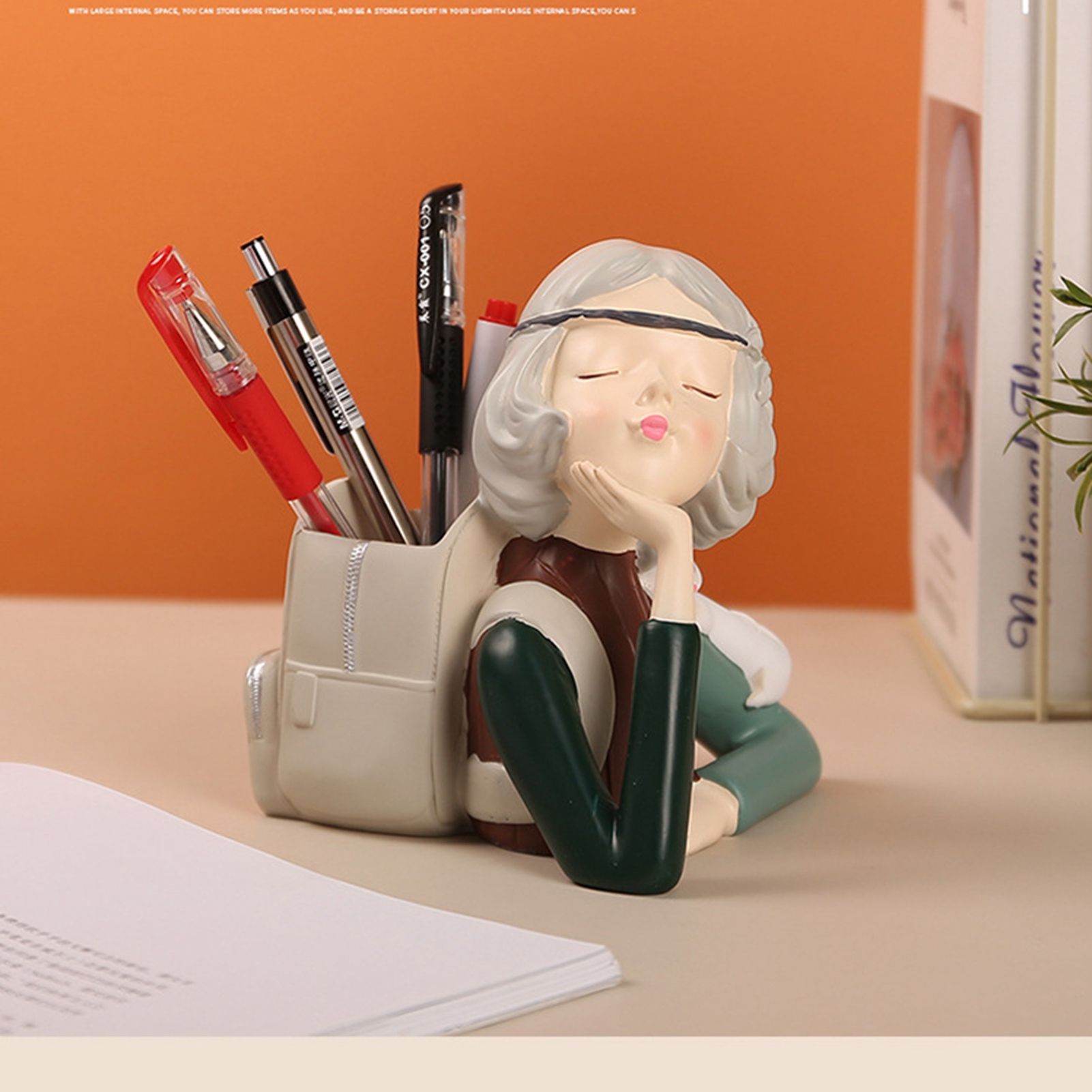 Brush Pot Pen Holder Container Cute Girl Styling Desktop Decoration Ornaments Resin Craftwork Bag Girl Green - Image 4