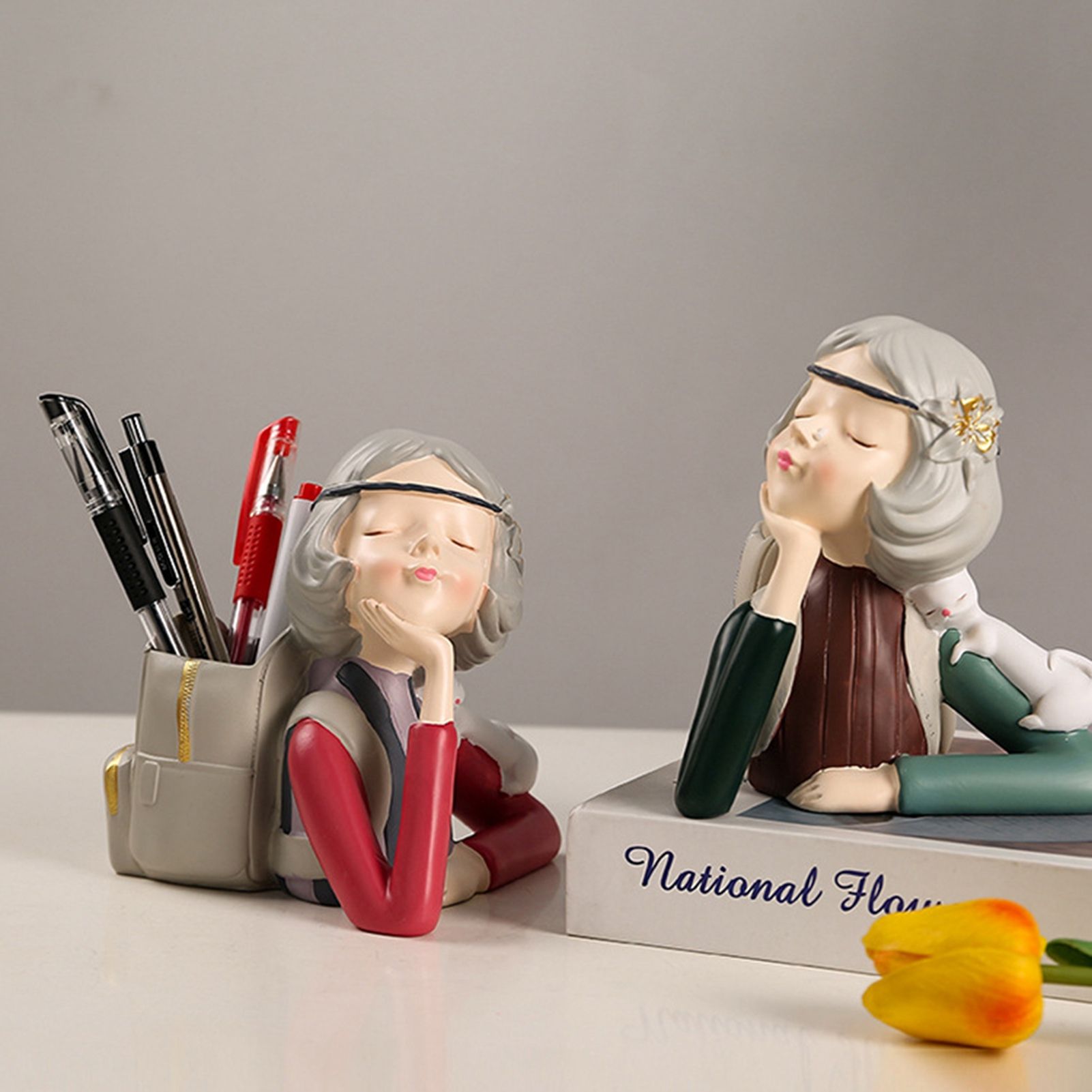 Brush Pot Pen Holder Container Cute Girl Styling Desktop Decoration Ornaments Resin Craftwork Bag Girl Green - Image 5
