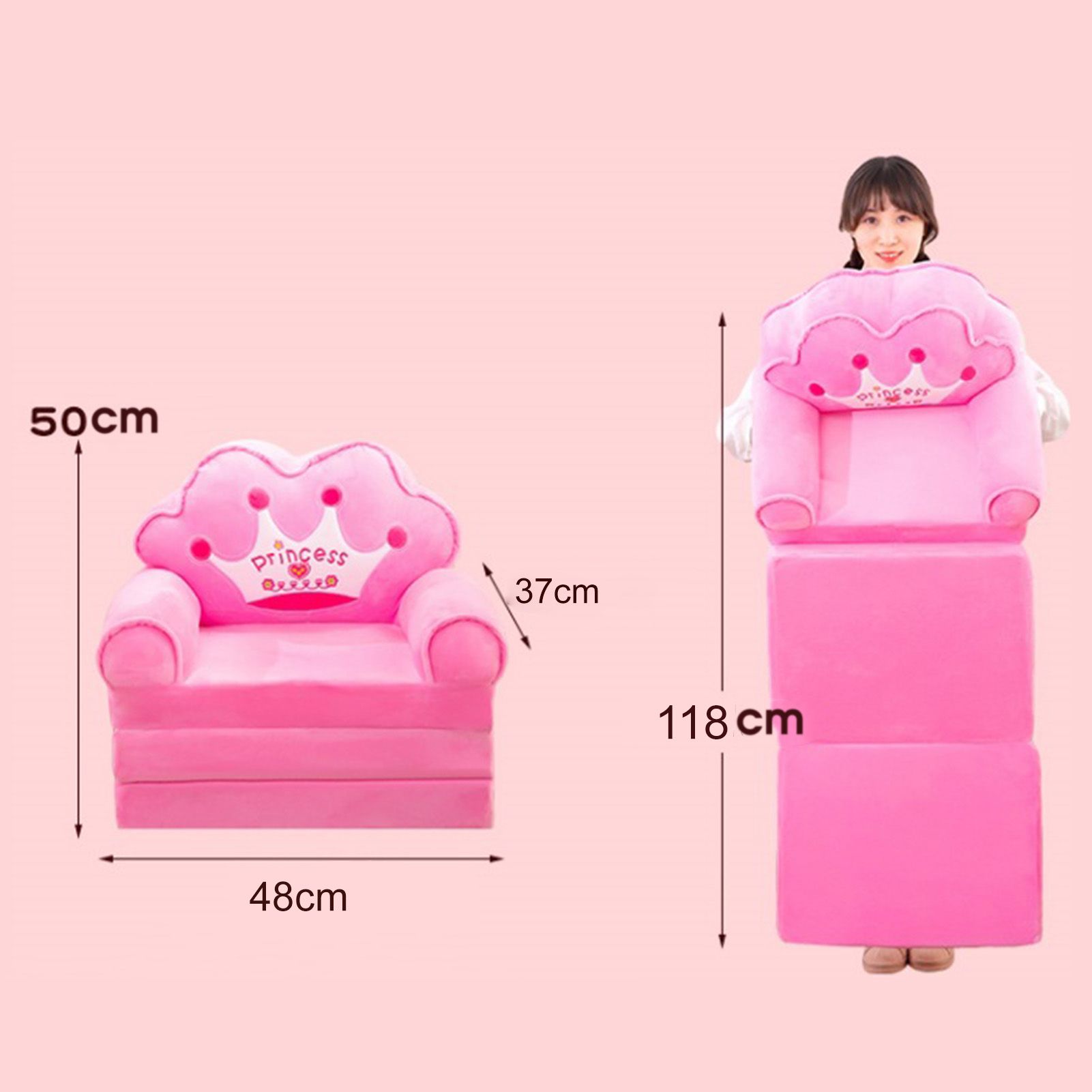 Foldable Kids Sofa Plush Soft Cute Cartoon Children Couch Bed with Armrests for Boys Girls Bedroom Pink Crown 3 Layers - Image 2