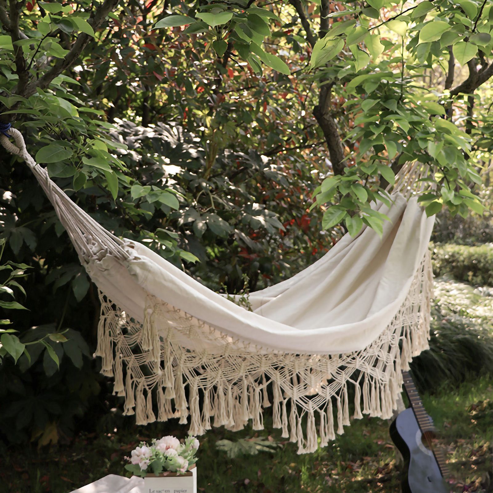 Double Hammock Wearable Portable Rustic Tassel Adult Hammock with 2 Tie Ropes Storage Bag for Camping Indoor Outdoor Beige - Image 1