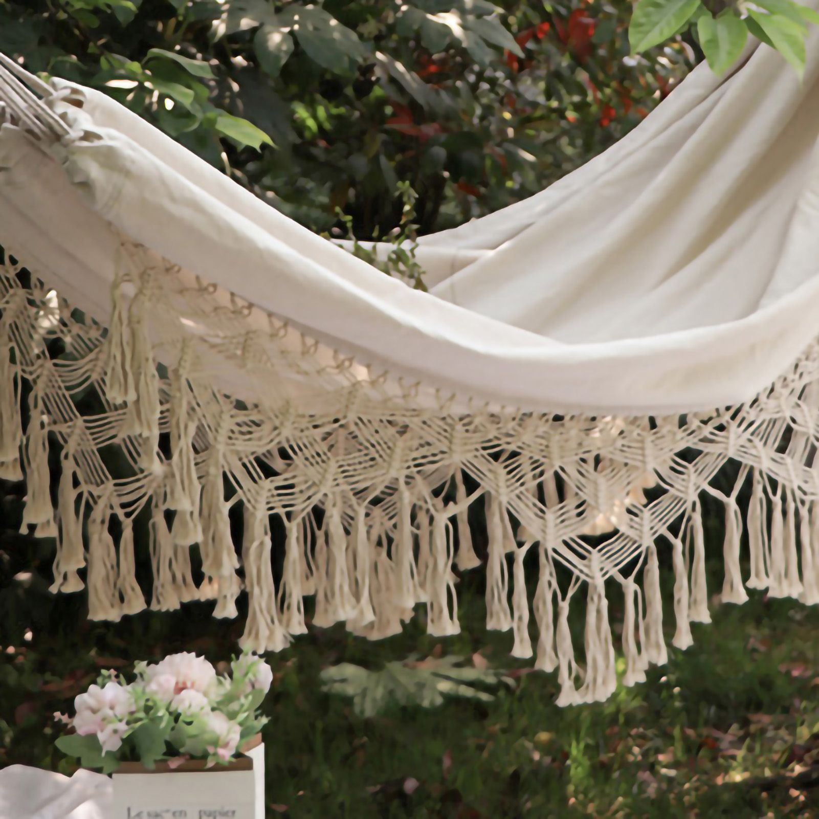 Double Hammock Wearable Portable Rustic Tassel Adult Hammock with 2 Tie Ropes Storage Bag for Camping Indoor Outdoor Beige - Image 2