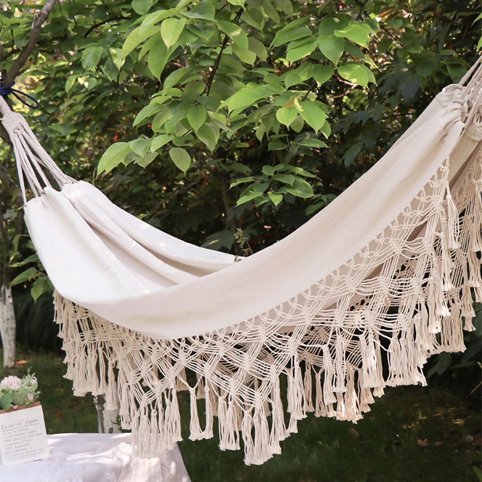 Double Hammock Wearable Portable Rustic Tassel Adult Hammock with 2 Tie Ropes Storage Bag for Camping Indoor Outdoor Beige - Image 3