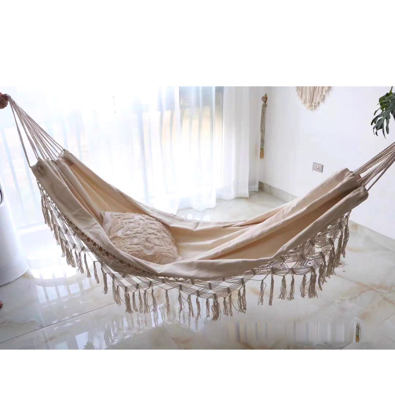 Double Hammock Wearable Portable Rustic Tassel Adult Hammock with 2 Tie Ropes Storage Bag for Camping Indoor Outdoor Beige - Image 4