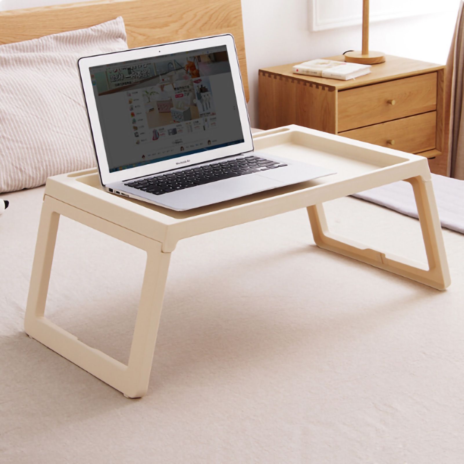Laptop Bed Desk PP Folding Simple Downward Grooved Design Lap Desk Bed Table with Charging Hole for Bedroom Dorm Beige 68x35.8x27.5cm - Image 4