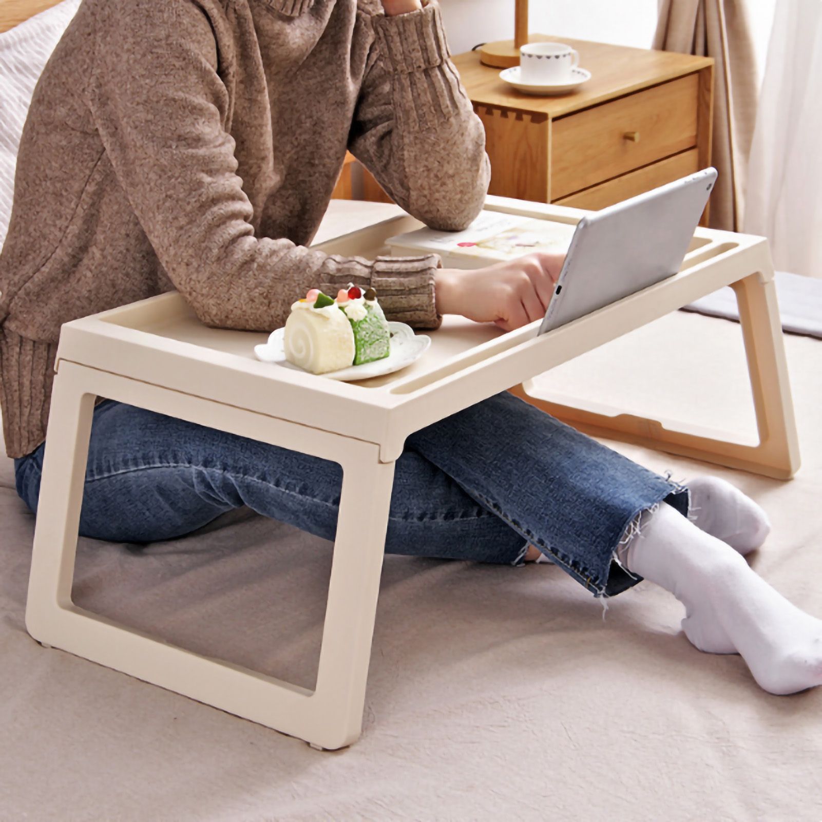 Laptop Bed Desk PP Folding Simple Downward Grooved Design Lap Desk Bed Table with Charging Hole for Bedroom Dorm Beige 68x35.8x27.5cm - Image 5