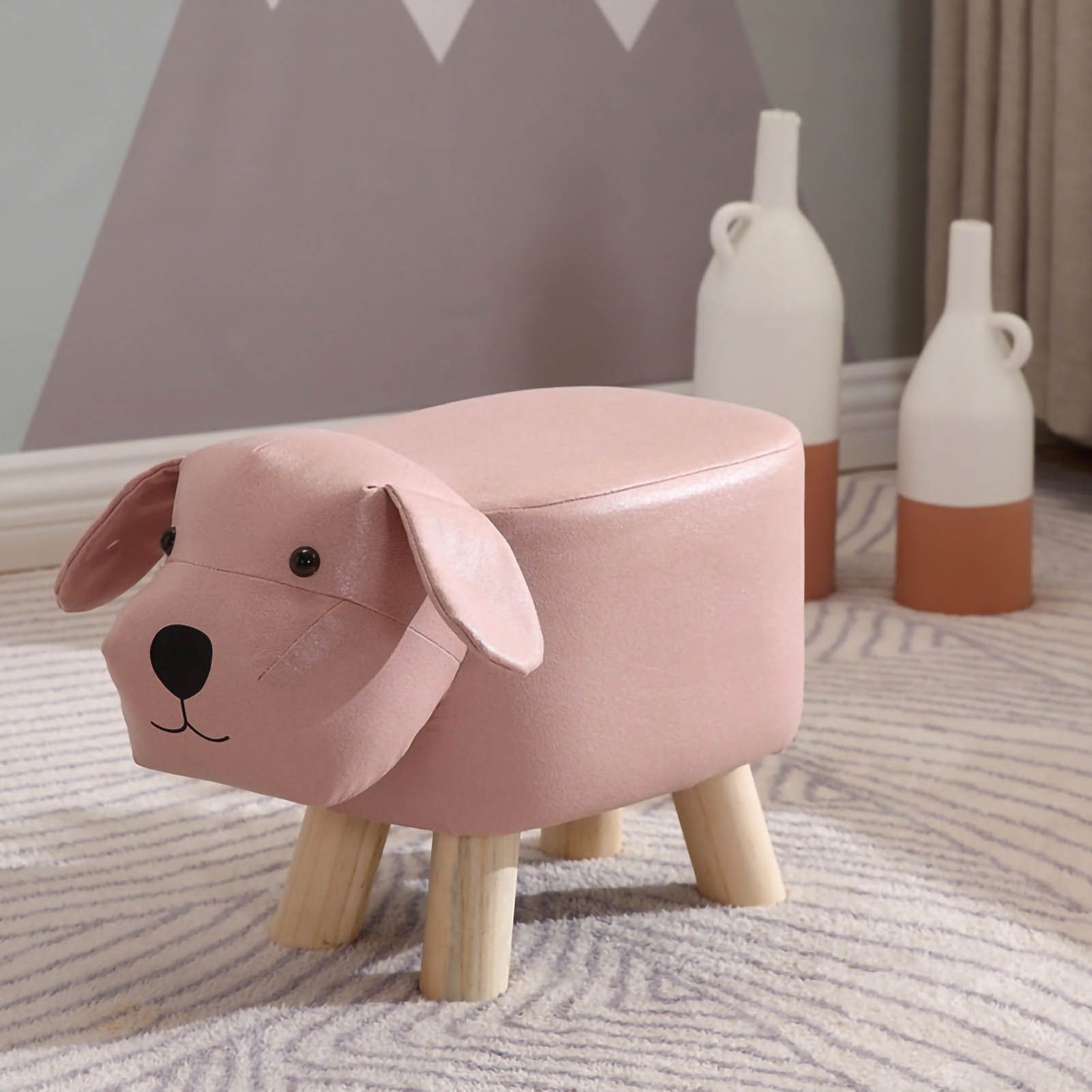 Children Wooden Low Stools Cute Cartoon Children Stool Small Dog Shape Stool for Home Kindergarten Pink - Image 1