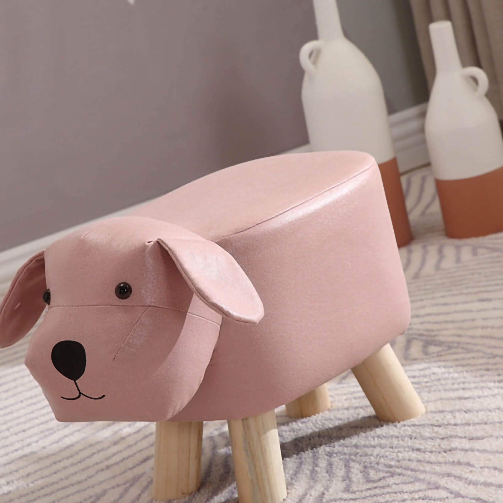 Children Wooden Low Stools Cute Cartoon Children Stool Small Dog Shape Stool for Home Kindergarten Pink - Image 4