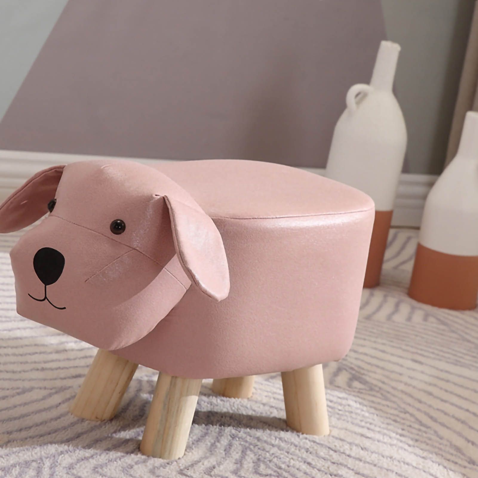 Children Wooden Low Stools Cute Cartoon Children Stool Small Dog Shape Stool for Home Kindergarten Pink - Image 5