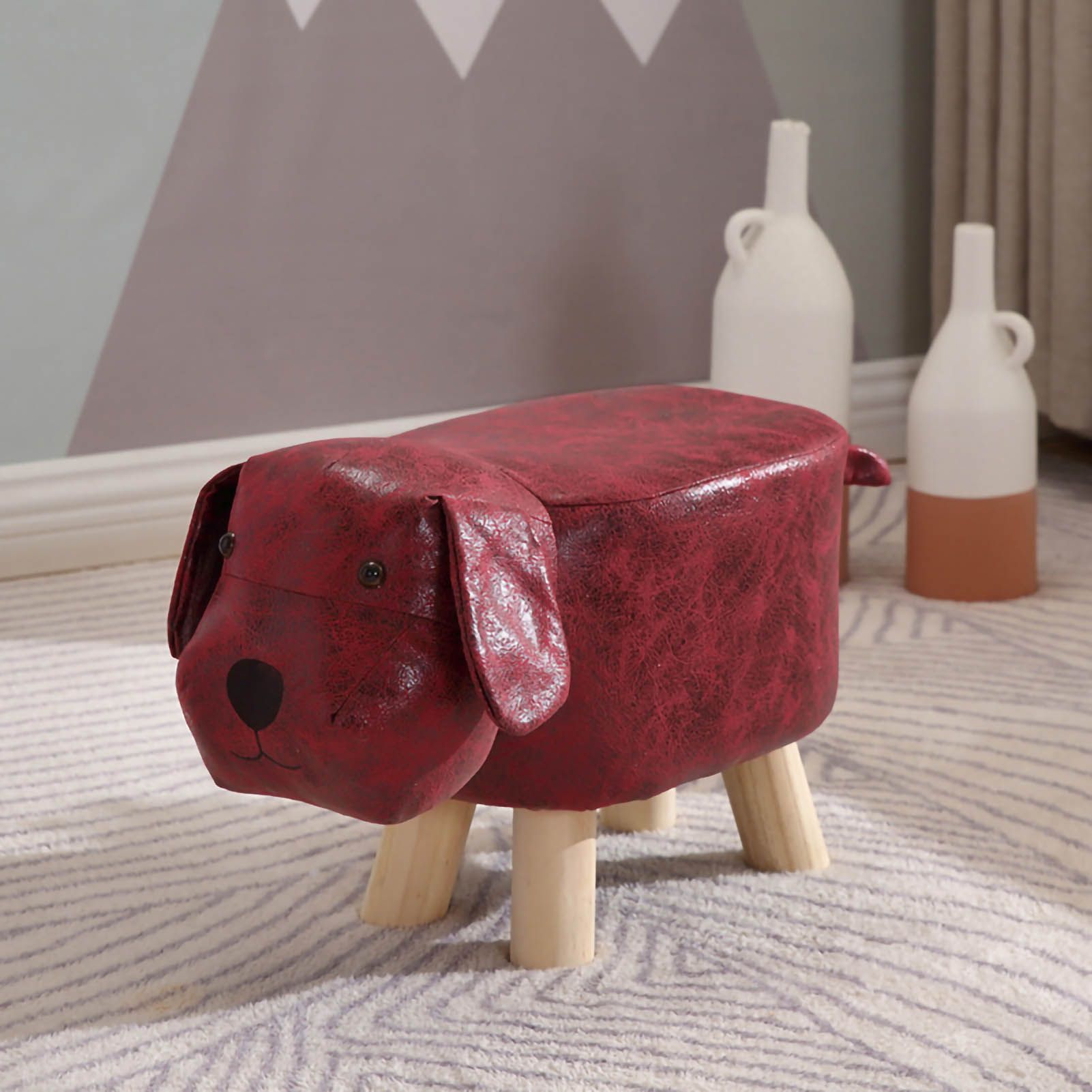 Children Wooden Low Stools Cute Cartoon Children Stool Small Dog Shape Stool for Home Kindergarten Red - Image 1