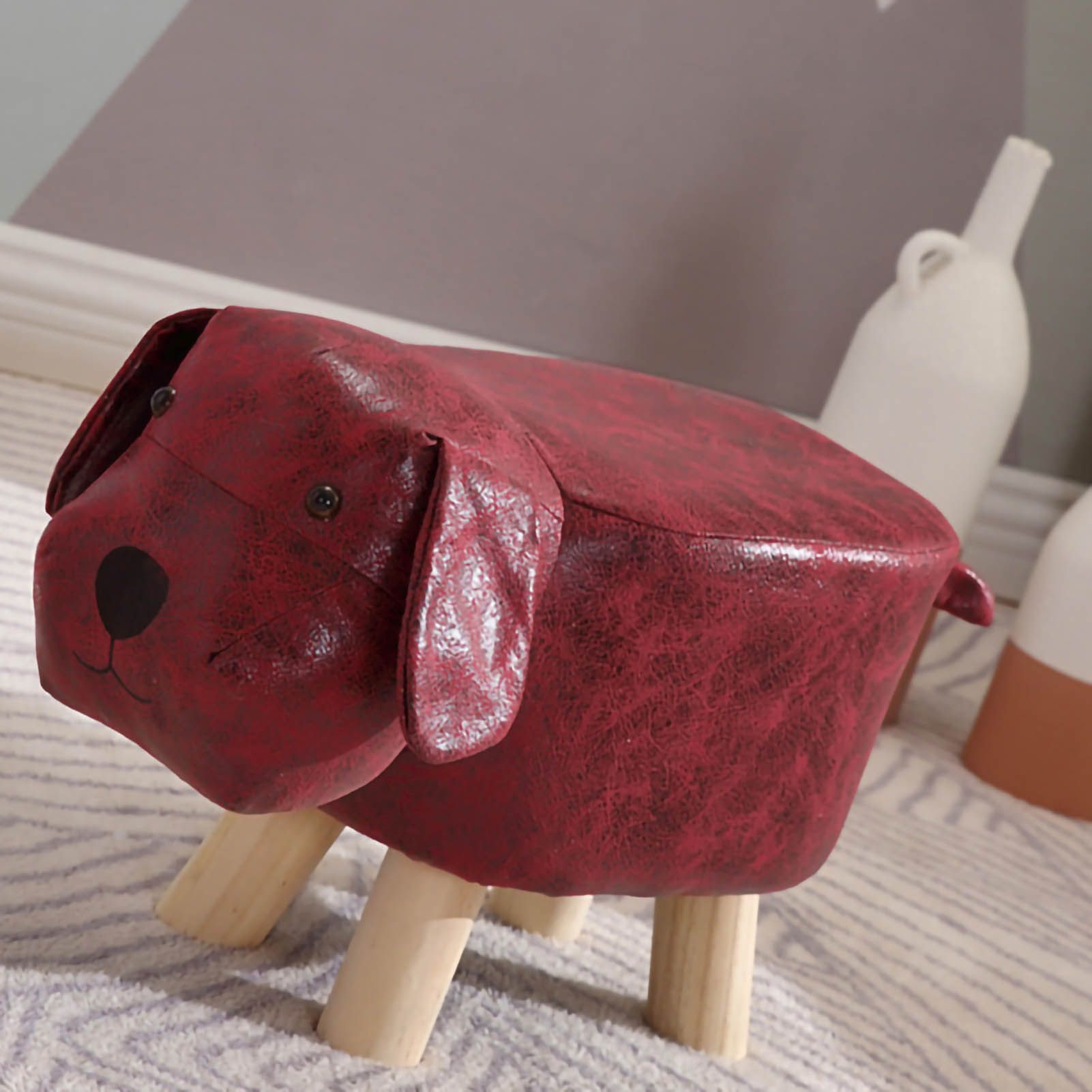 Children Wooden Low Stools Cute Cartoon Children Stool Small Dog Shape Stool for Home Kindergarten Red - Image 2