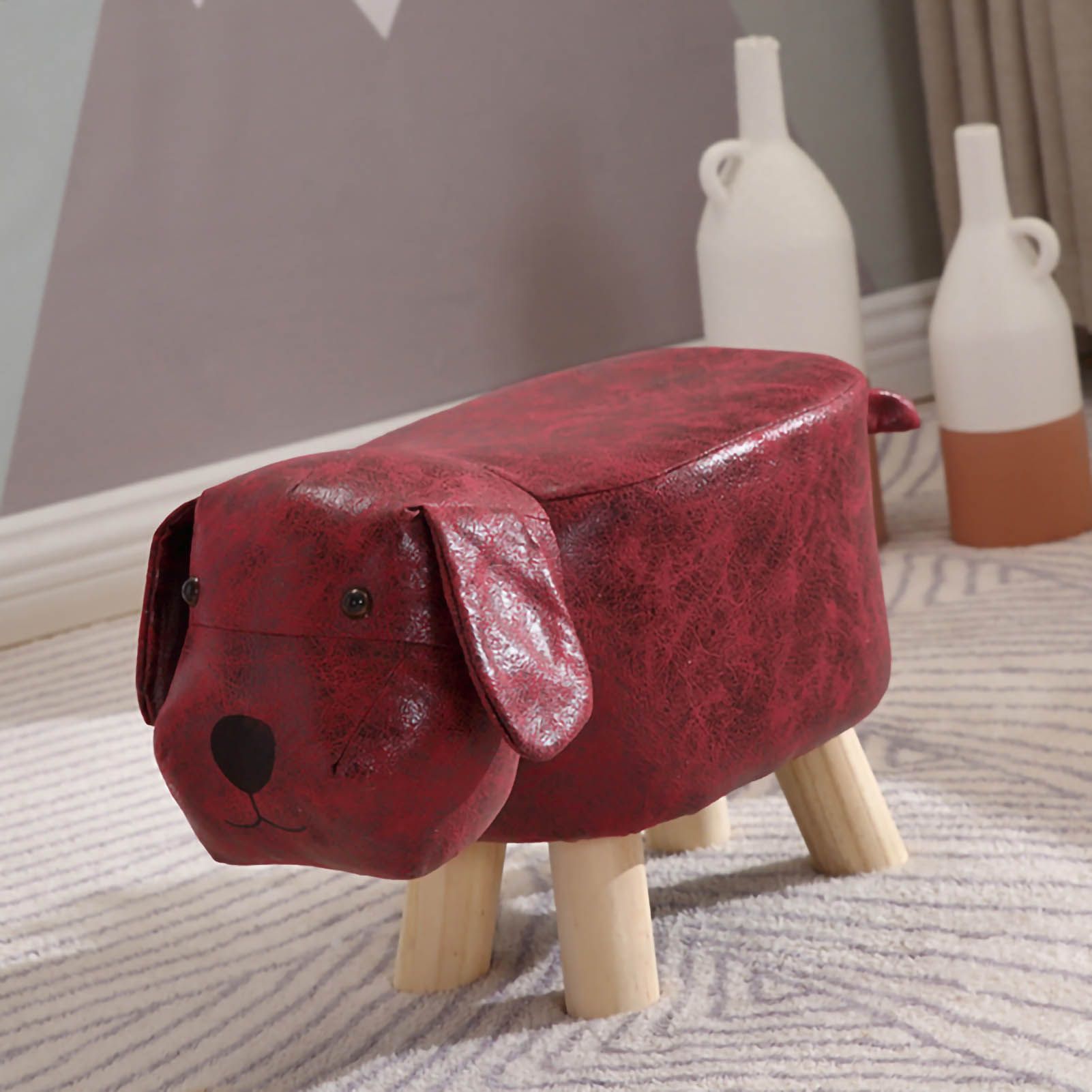 Children Wooden Low Stools Cute Cartoon Children Stool Small Dog Shape Stool for Home Kindergarten Red - Image 4