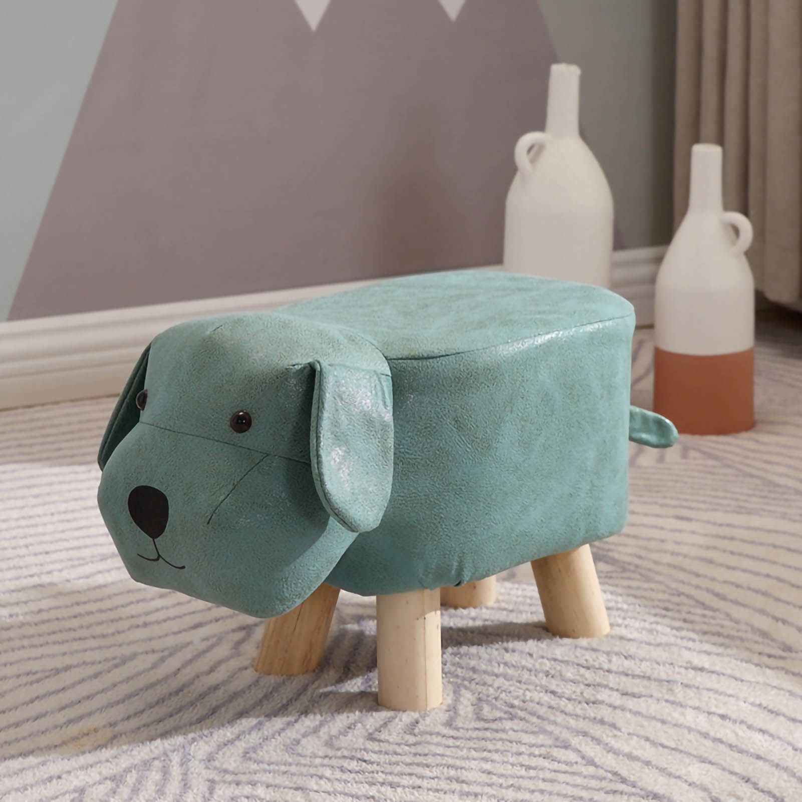 Children Wooden Low Stools Cute Cartoon Children Stool Small Dog Shape Stool for Home Kindergarten Light Green - Image 1