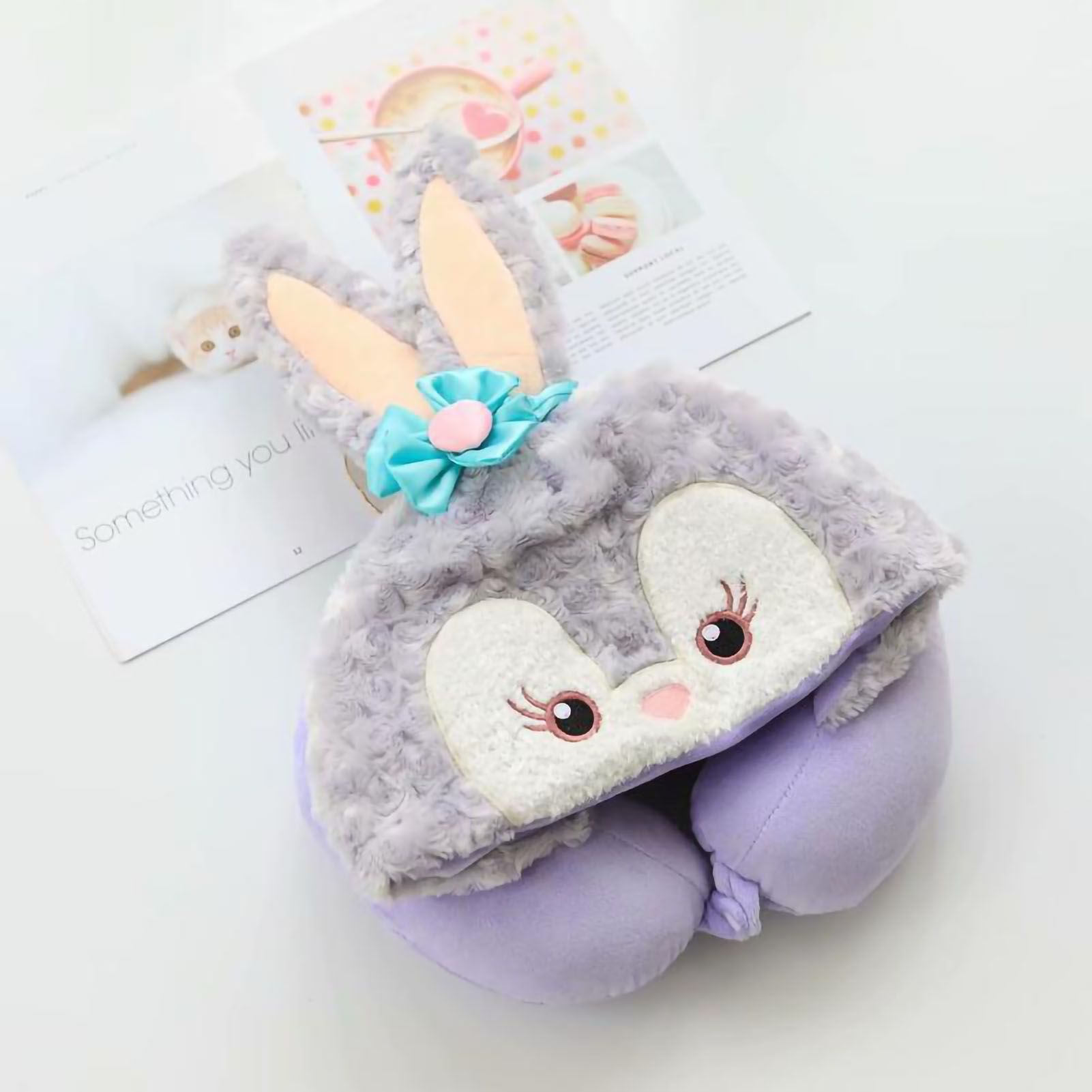 Hooded U Shaped Pillow Cute Cartoon Travel PP Cotton U Shaped Neck Pillow for Airplane Seat Purple Rabbit - Image 1
