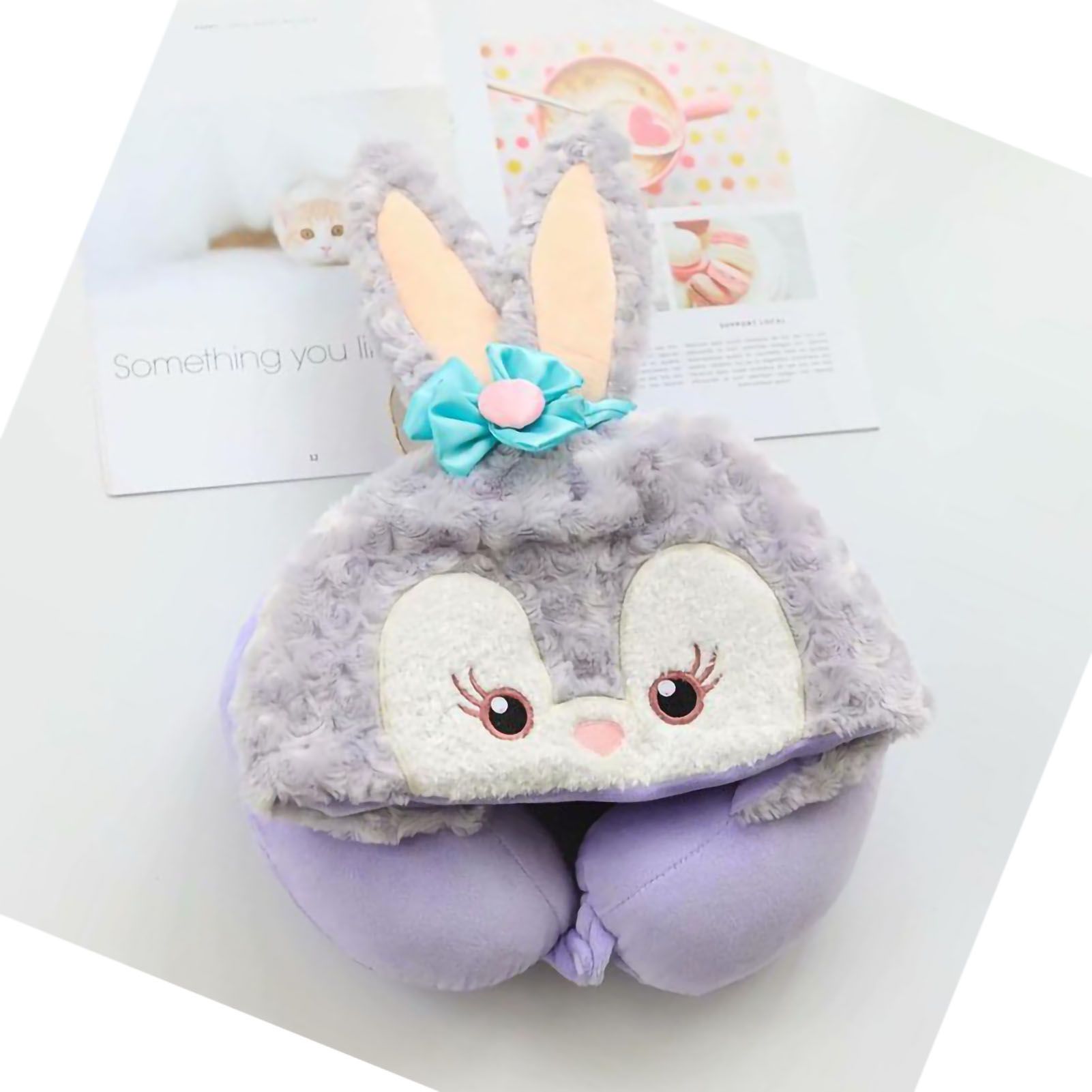 Hooded U Shaped Pillow Cute Cartoon Travel PP Cotton U Shaped Neck Pillow for Airplane Seat Purple Rabbit - Image 2