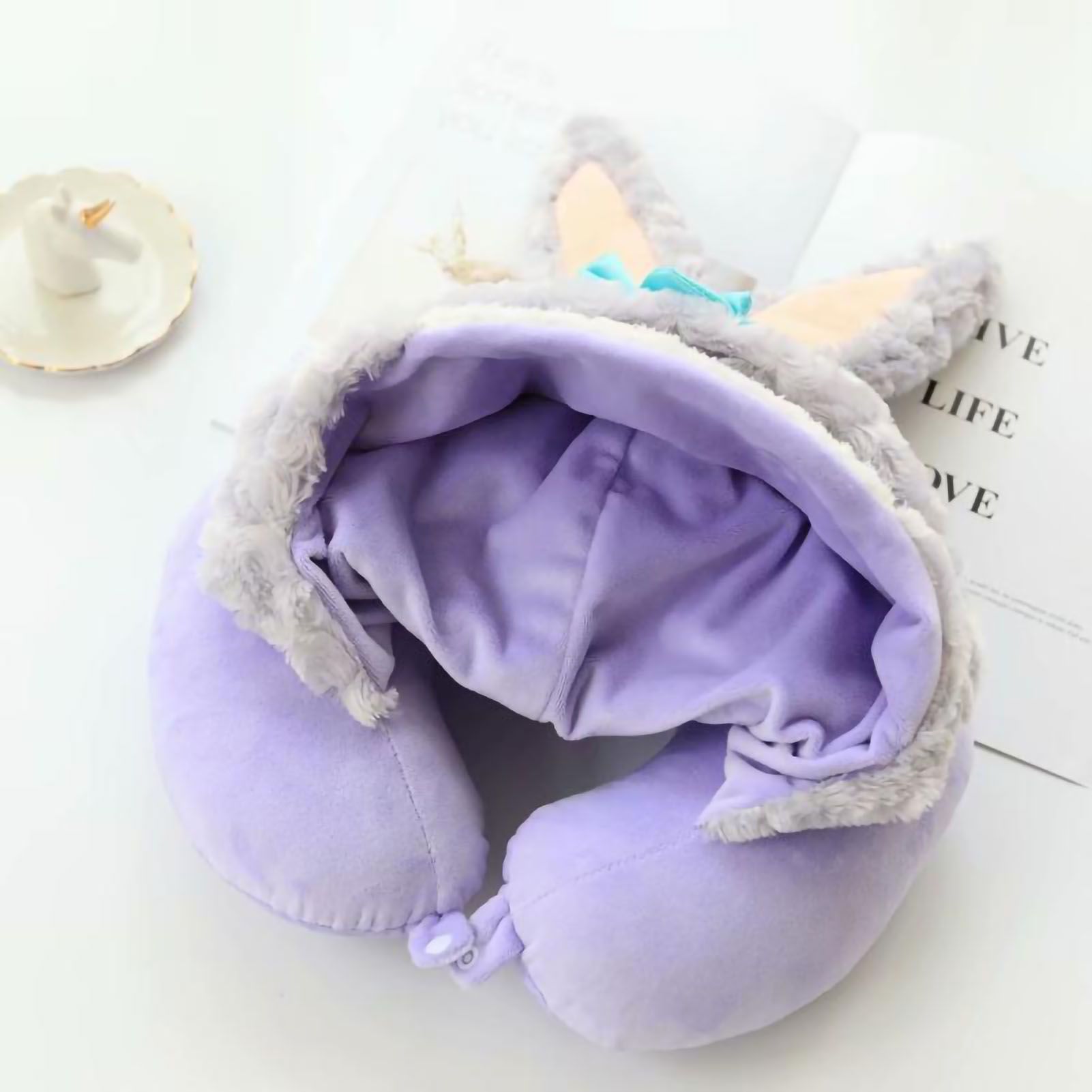 Hooded U Shaped Pillow Cute Cartoon Travel PP Cotton U Shaped Neck Pillow for Airplane Seat Purple Rabbit - Image 3