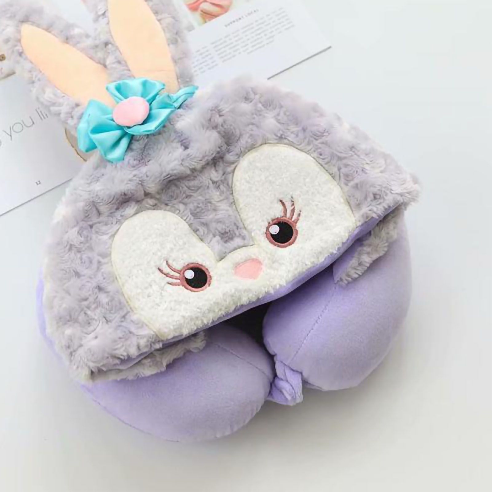 Hooded U Shaped Pillow Cute Cartoon Travel PP Cotton U Shaped Neck Pillow for Airplane Seat Purple Rabbit - Image 4
