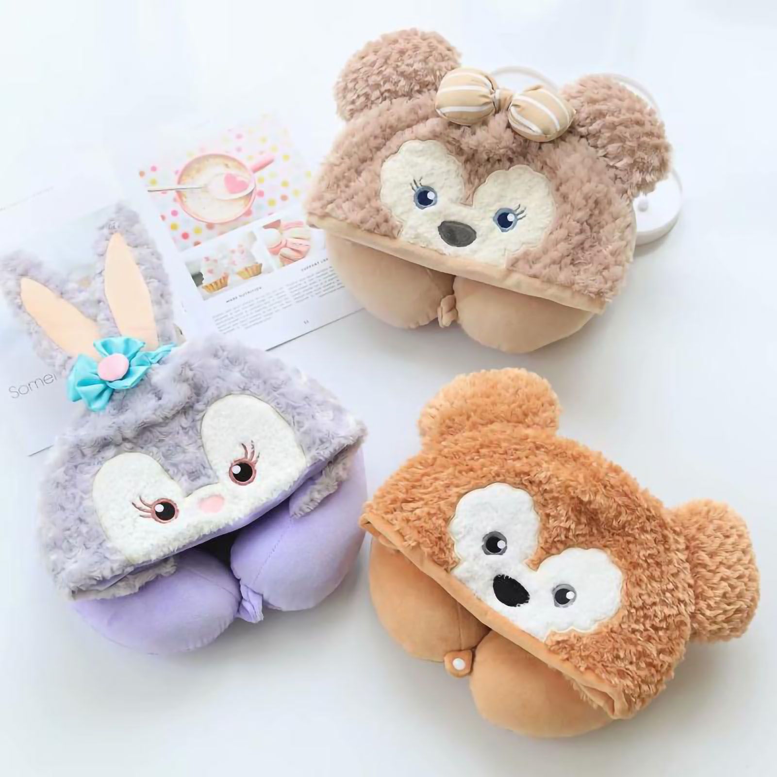 Hooded U Shaped Pillow Cute Cartoon Travel PP Cotton U Shaped Neck Pillow for Airplane Seat Purple Rabbit - Image 5