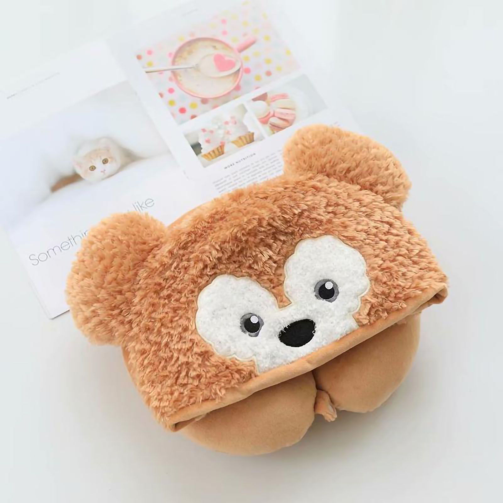 Hooded U Shaped Pillow Cute Cartoon Travel PP Cotton U Shaped Neck Pillow for Airplane Seat Yellow Bear - Image 1