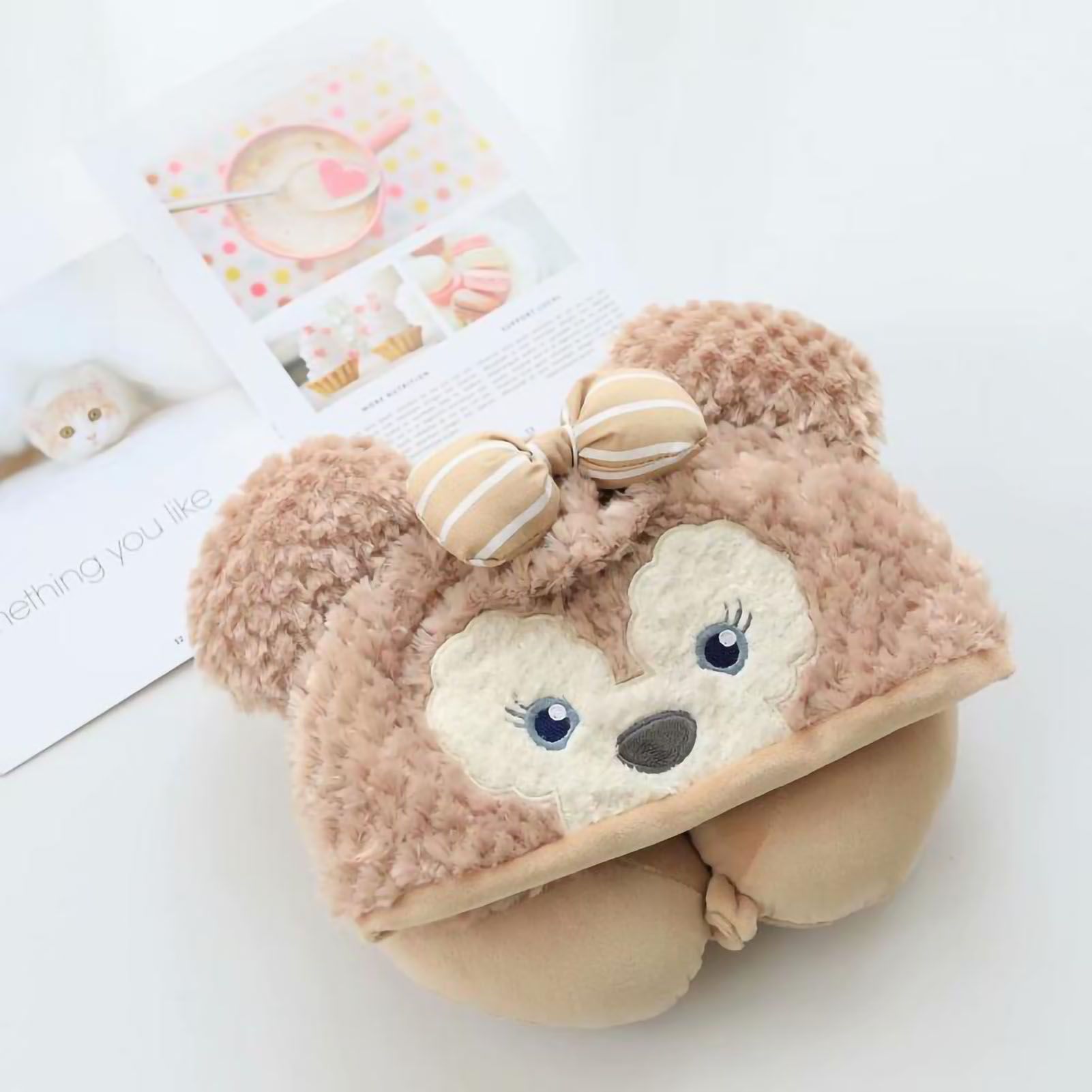 Hooded U Shaped Pillow Cute Cartoon Travel PP Cotton U Shaped Neck Pillow for Airplane Seat Khaki Bear - Image 1