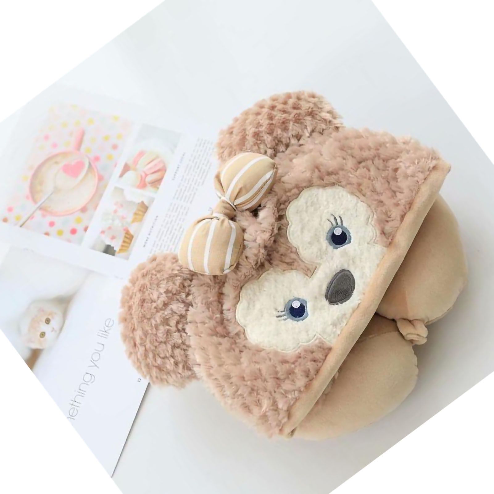 Hooded U Shaped Pillow Cute Cartoon Travel PP Cotton U Shaped Neck Pillow for Airplane Seat Khaki Bear - Image 2