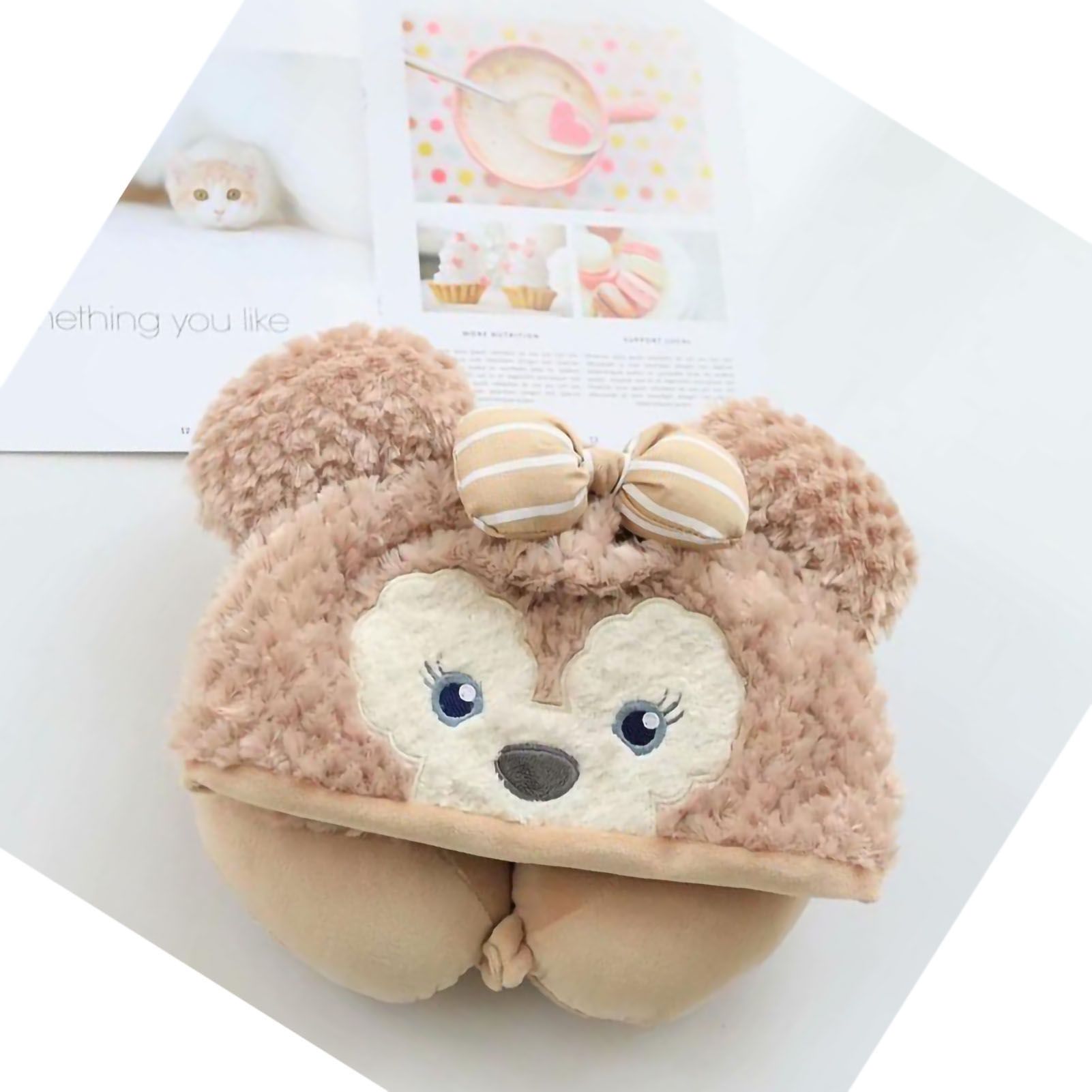 Hooded U Shaped Pillow Cute Cartoon Travel PP Cotton U Shaped Neck Pillow for Airplane Seat Khaki Bear - Image 3