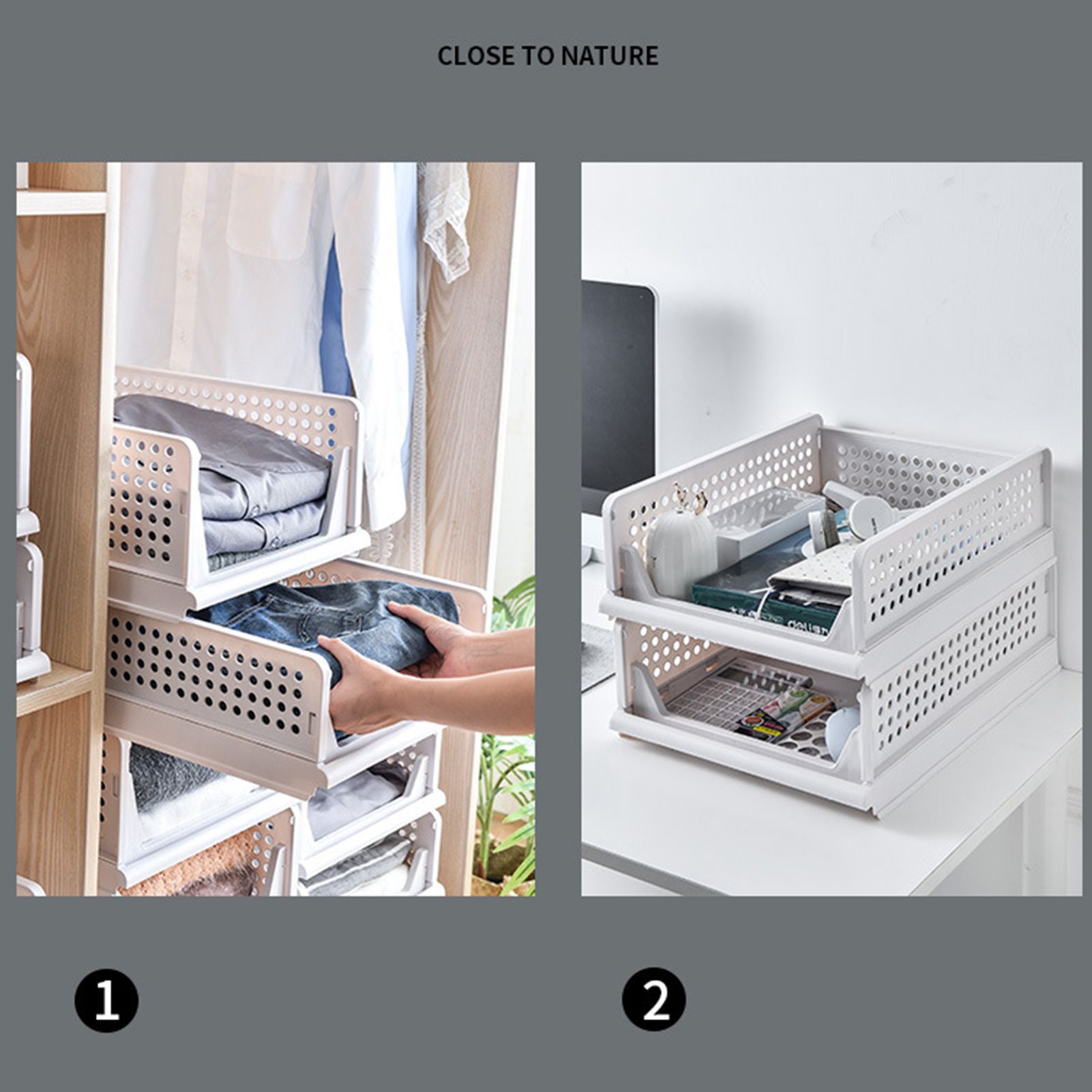 Stackable Storage Basket Plastic Large Open Drawer Wardrobe Cloth Container for Bedroom Living Room Offwhite - Image 7