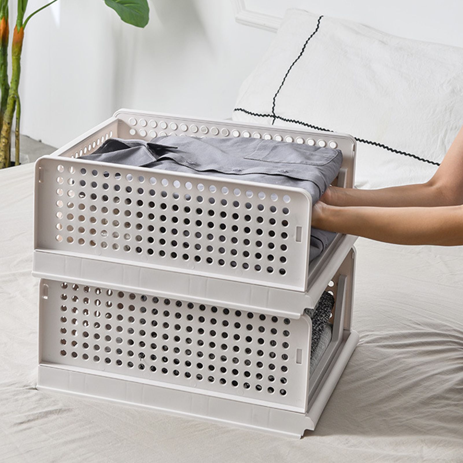 Stackable Storage Basket Plastic Large Open Drawer Wardrobe Cloth Container for Bedroom Living Room Offwhite - Image 8