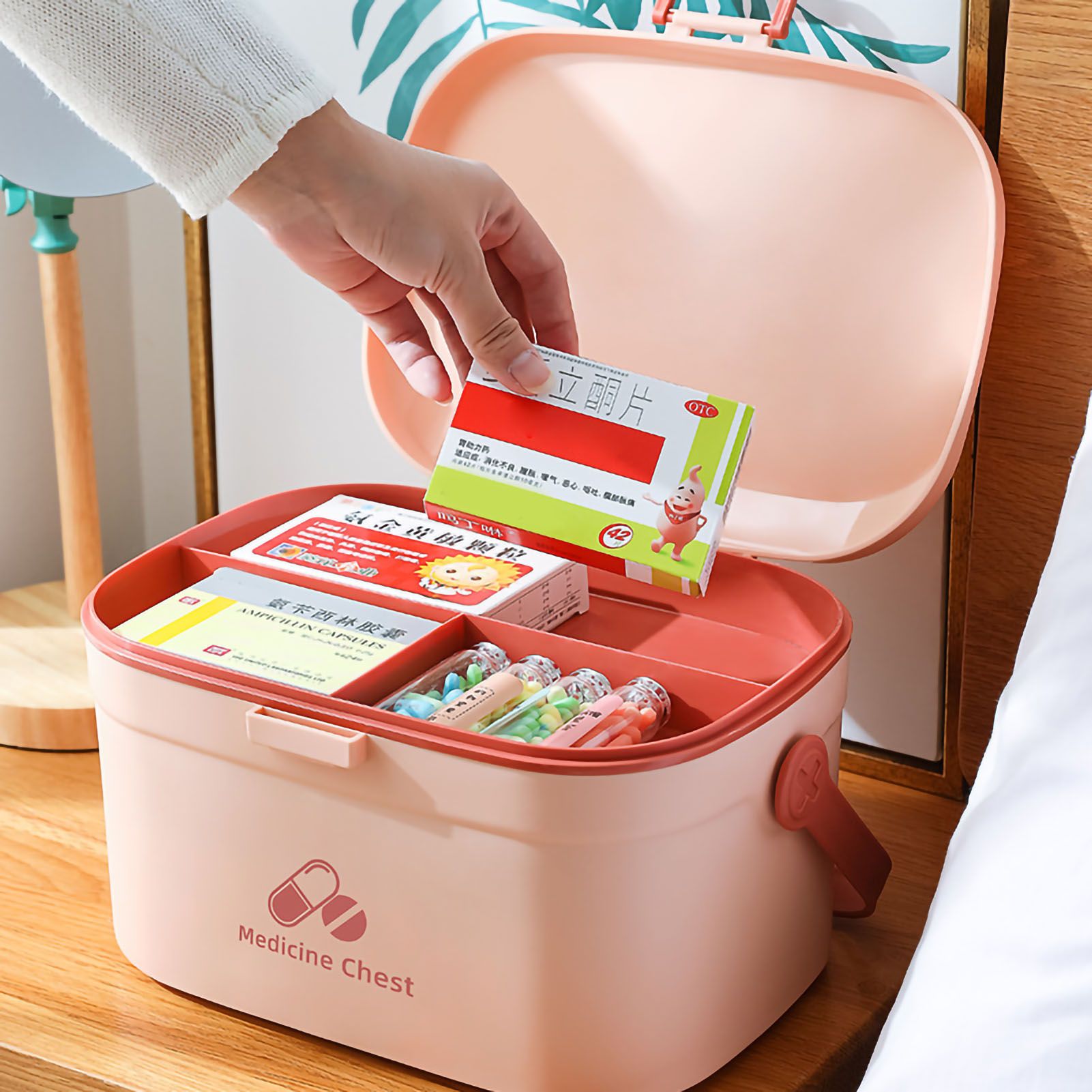 Medicine Box Pill Storage Case Sewing Tin Container PP 2 Layer Portable for Home Office Pink - Image 2