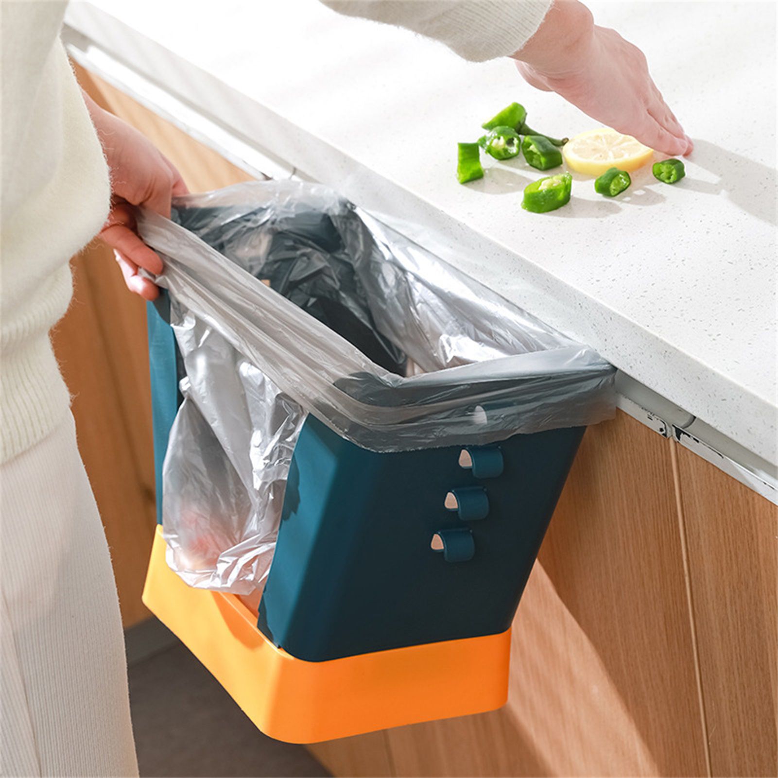 Plastic Garbage Can Expandable Trash Bag Holder Large Capacity for Kitchen Bathroom Blue and Yellow - Image 3