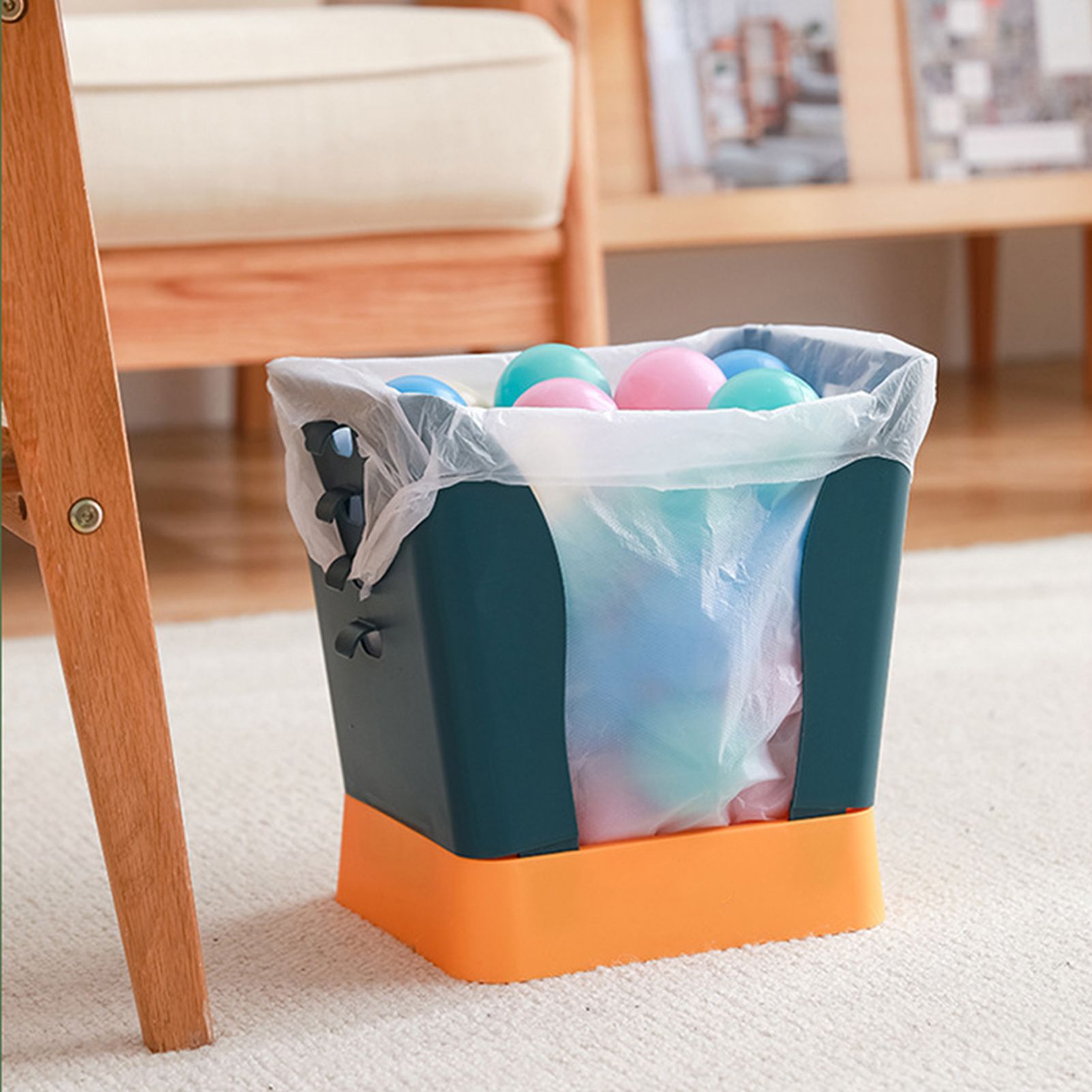 Plastic Garbage Can Expandable Trash Bag Holder Large Capacity for Kitchen Bathroom Blue and Yellow - Image 8