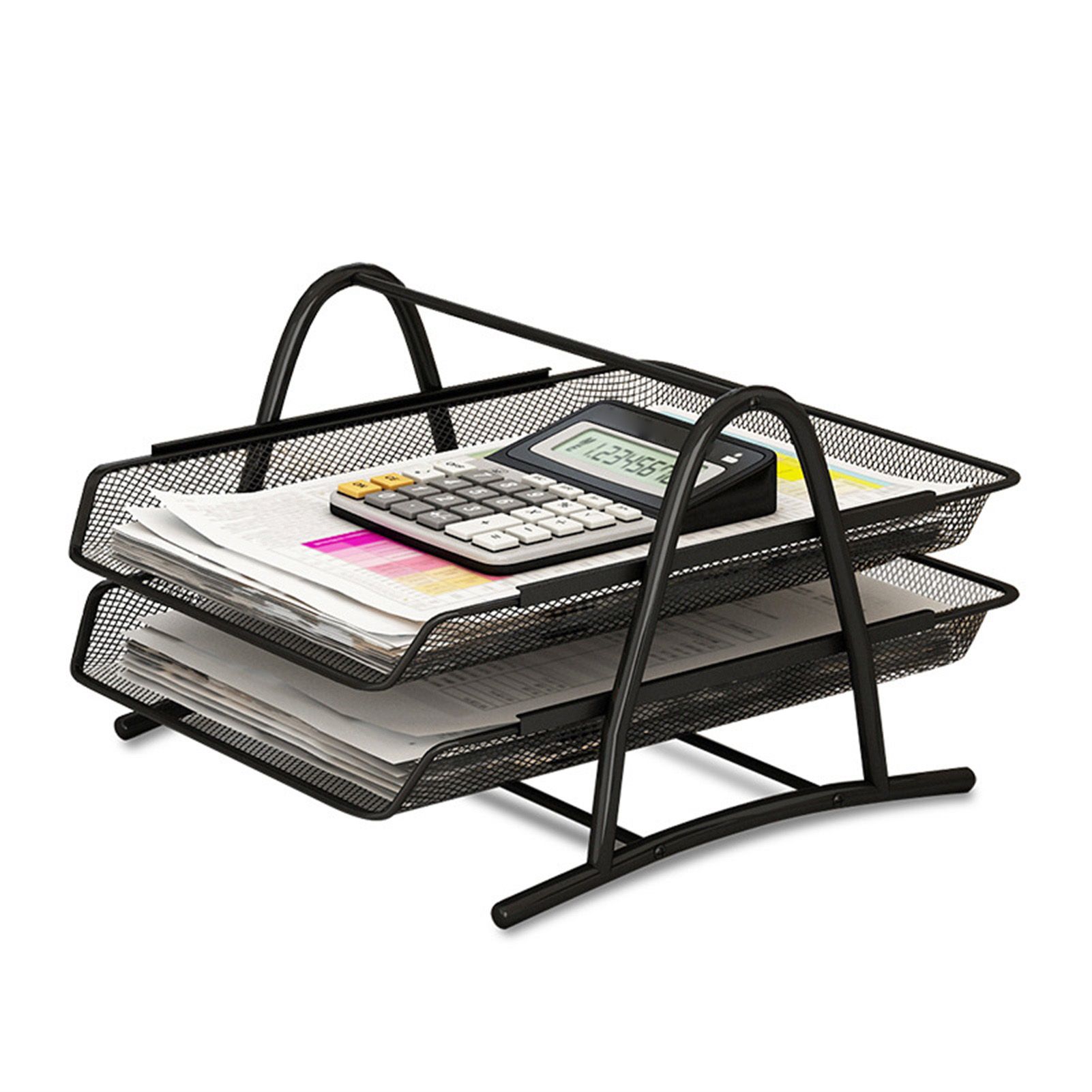Office Desk Document Tray Mesh Bracket Paper Letter Shelf Holder Black Metal for Home Study School 2 Layers - Image 1