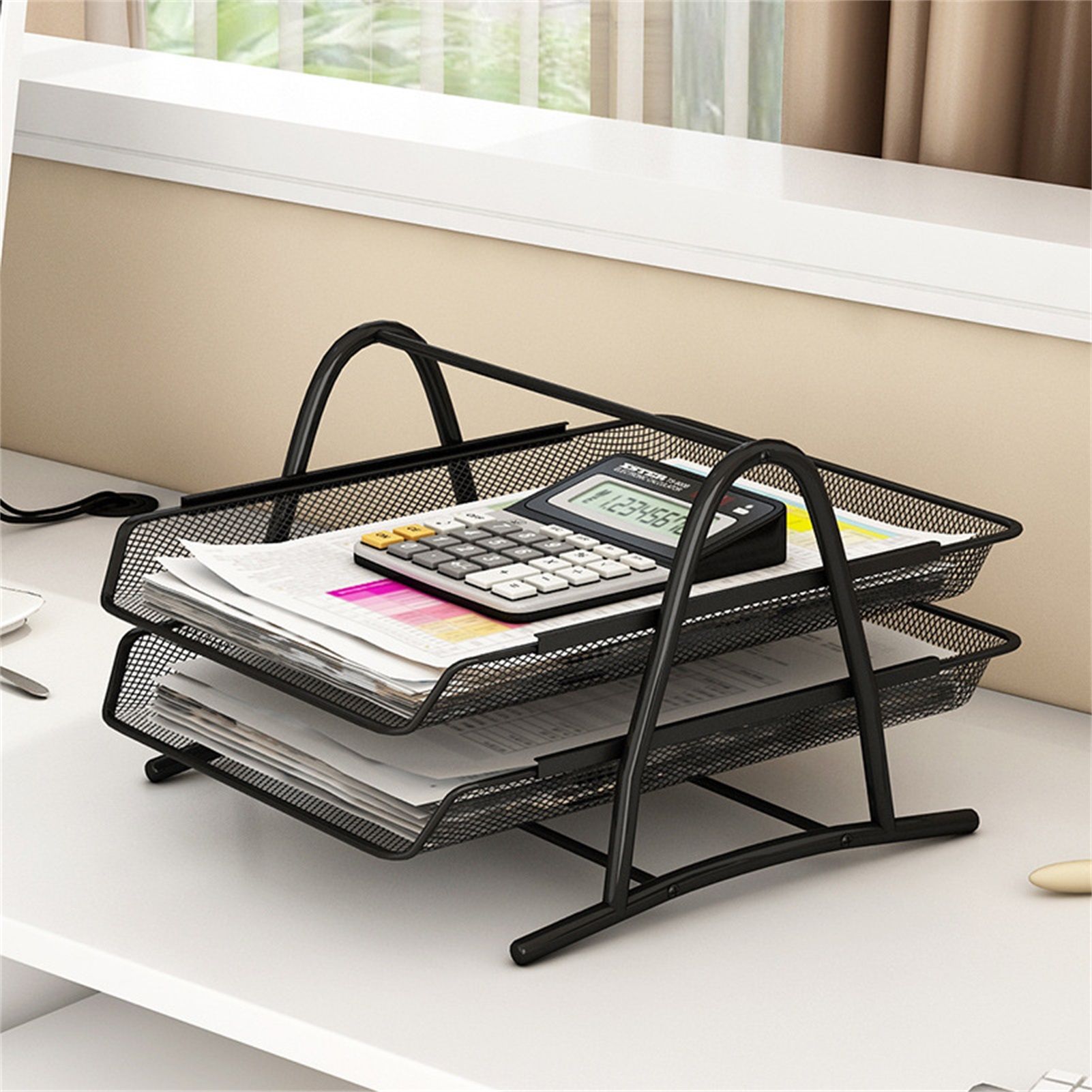 Office Desk Document Tray Mesh Bracket Paper Letter Shelf Holder Black Metal for Home Study School 2 Layers - Image 5