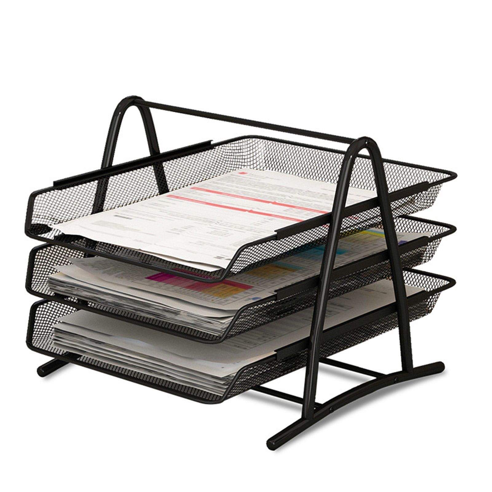 Office Desk Document Tray Mesh Bracket Paper Letter Shelf Holder Black Metal for Home Study School 3 Layers - Image 1