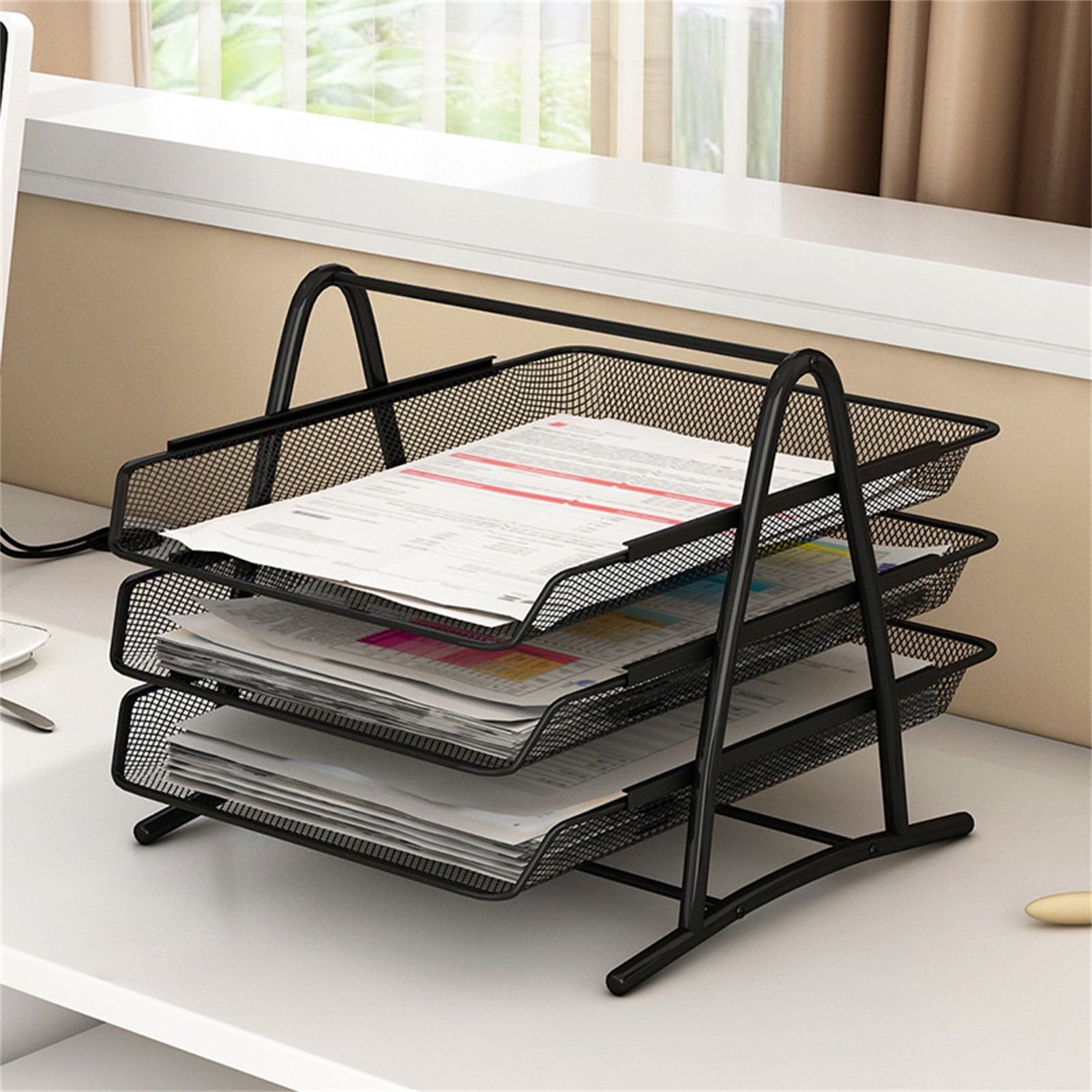 Office Desk Document Tray Mesh Bracket Paper Letter Shelf Holder Black Metal for Home Study School 3 Layers - Image 3