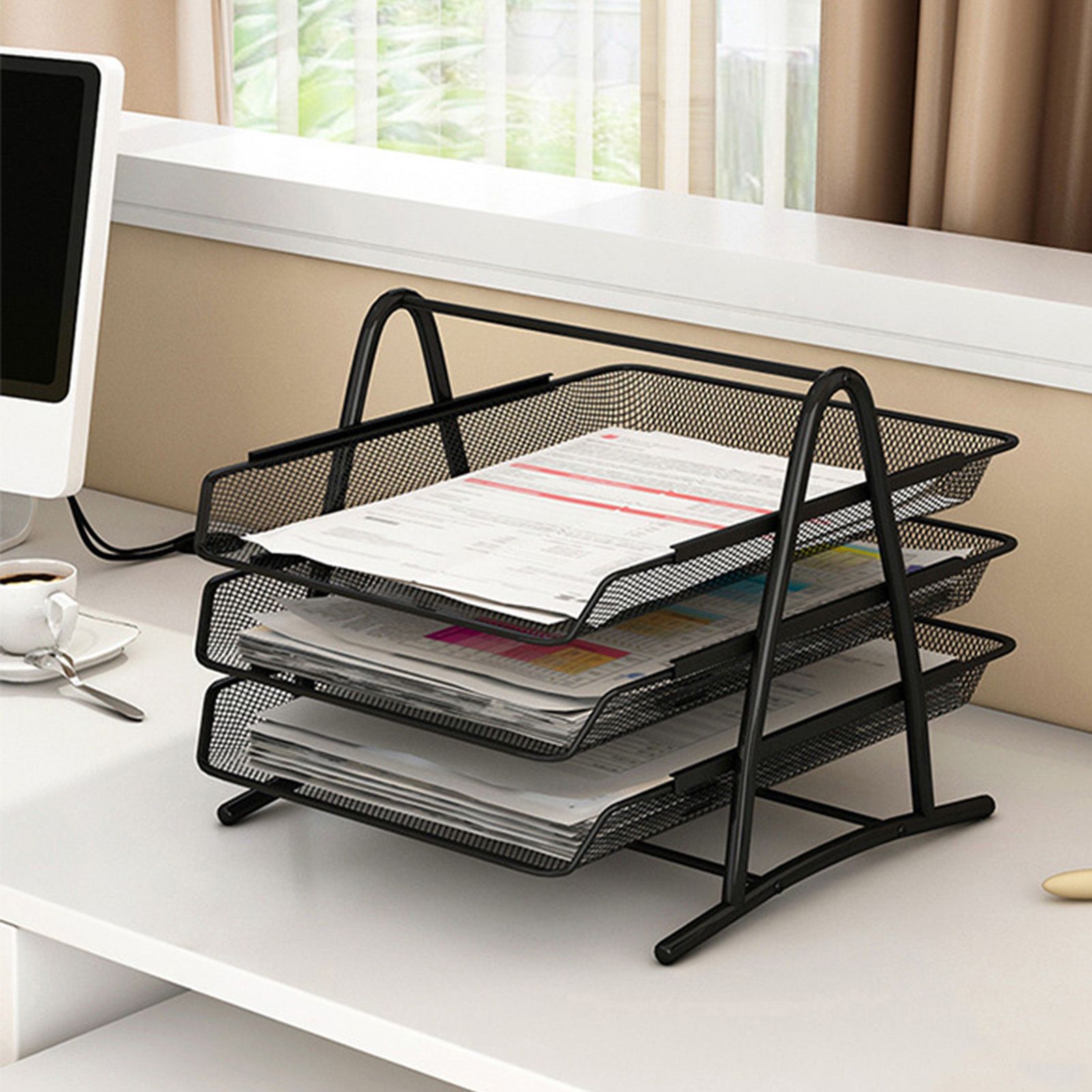 Office Desk Document Tray Mesh Bracket Paper Letter Shelf Holder Black Metal for Home Study School 3 Layers - Image 5