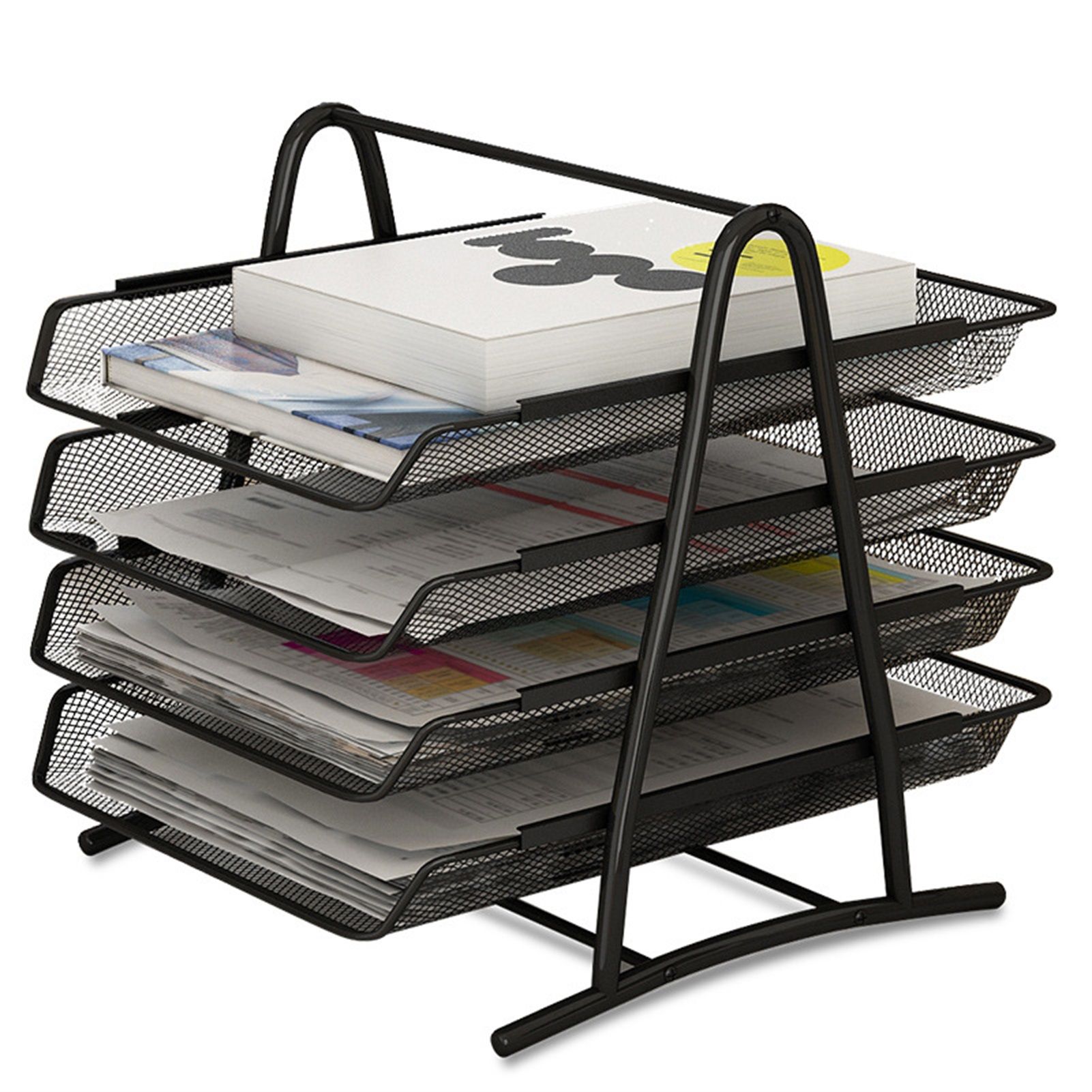 Office Desk Document Tray Mesh Bracket Paper Letter Shelf Holder Black Metal for Home Study School 4 Layers - Image 1