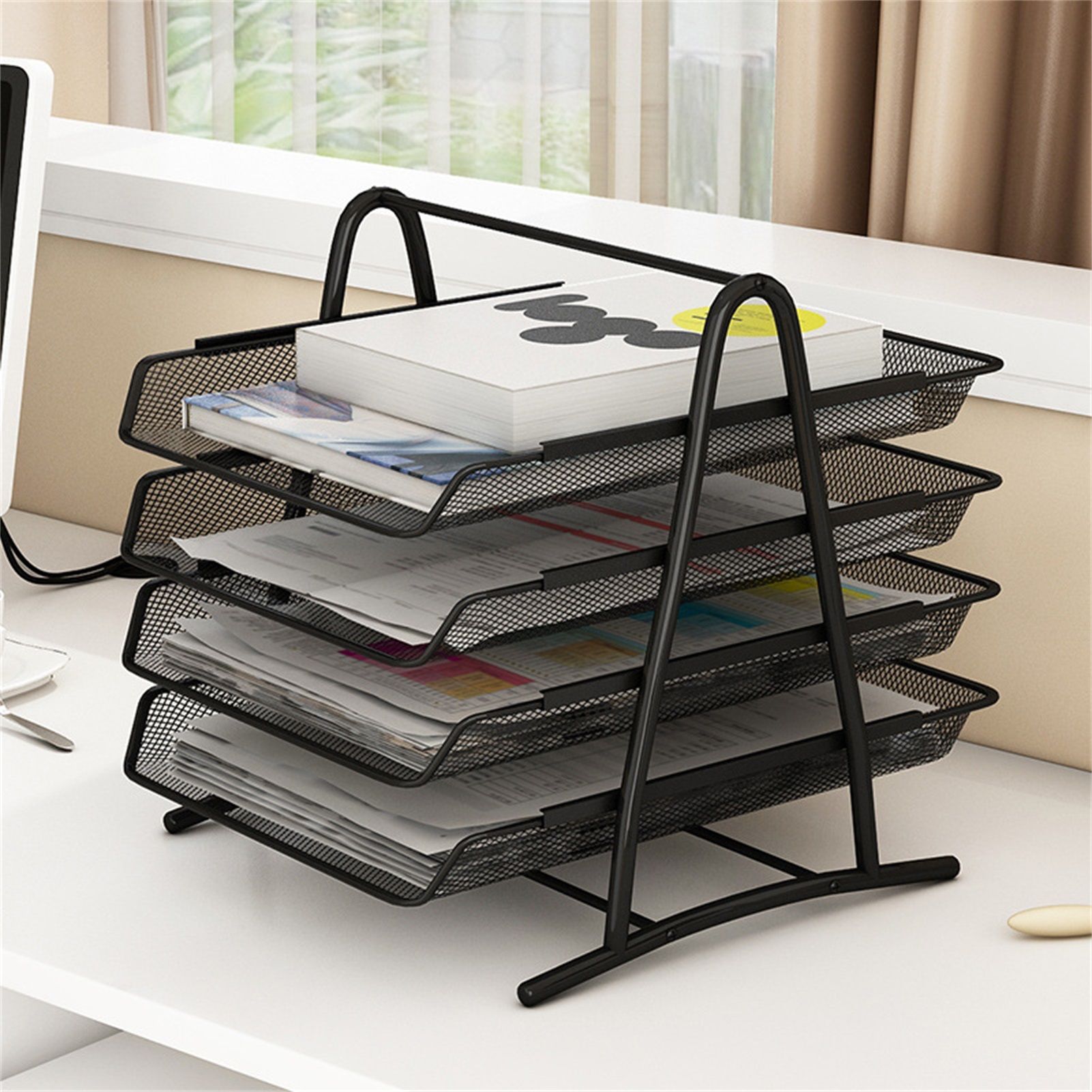 Office Desk Document Tray Mesh Bracket Paper Letter Shelf Holder Black Metal for Home Study School 4 Layers - Image 2