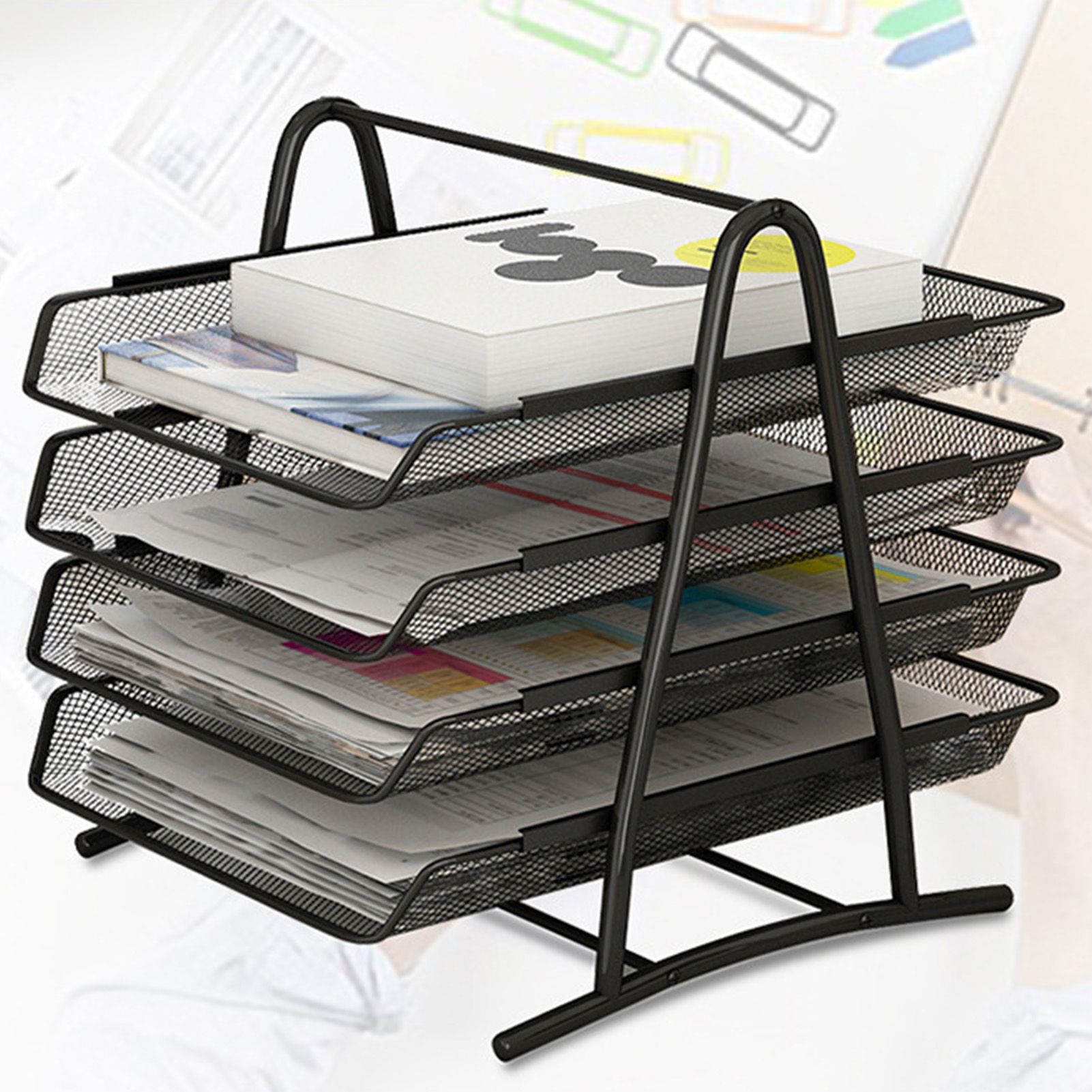 Office Desk Document Tray Mesh Bracket Paper Letter Shelf Holder Black Metal for Home Study School 4 Layers - Image 3