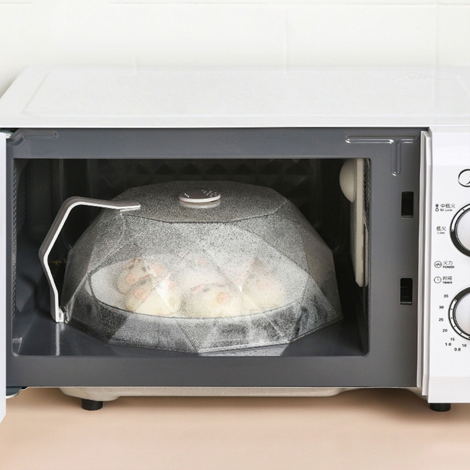 Geometric Microwave Splatter Cover Food Plate Lid with Steam Vents Handle Dustproof for Tray Pan Bowl White - Image 5