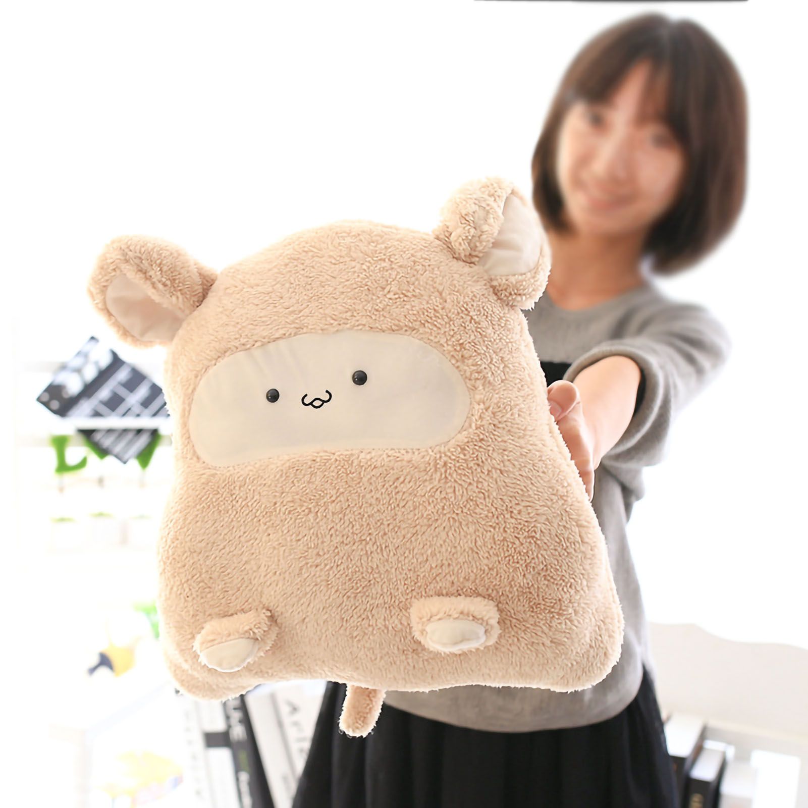 Plush Cushion Pillow Air Conditioning Blanket Cute Mouse Appearance Multifunctional Blanket Throw Pillow Beige 7318 About 100x80cm - Image 2
