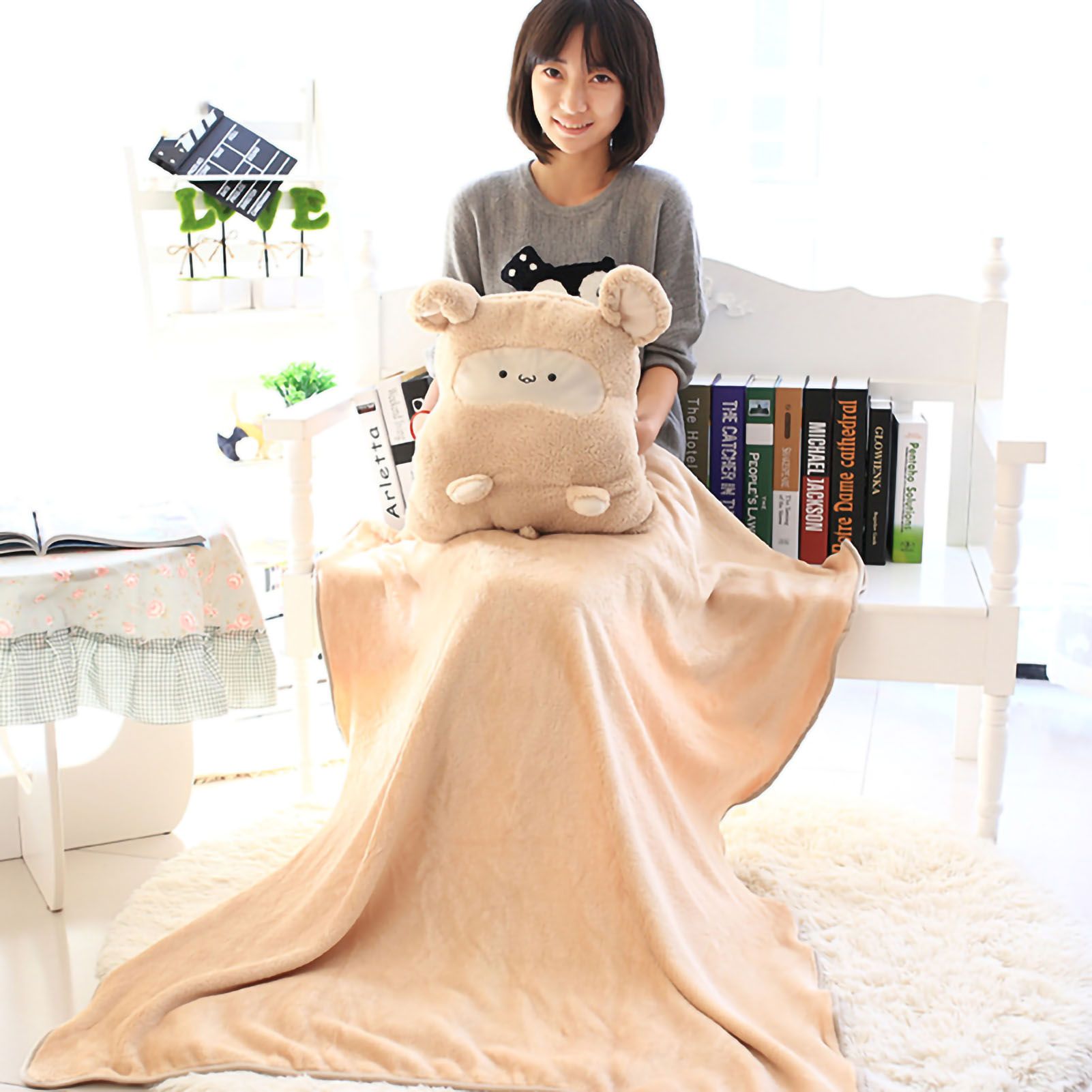 Plush Cushion Pillow Air Conditioning Blanket Cute Mouse Appearance Multifunctional Blanket Throw Pillow Beige 7318 About 100x80cm - Image 3