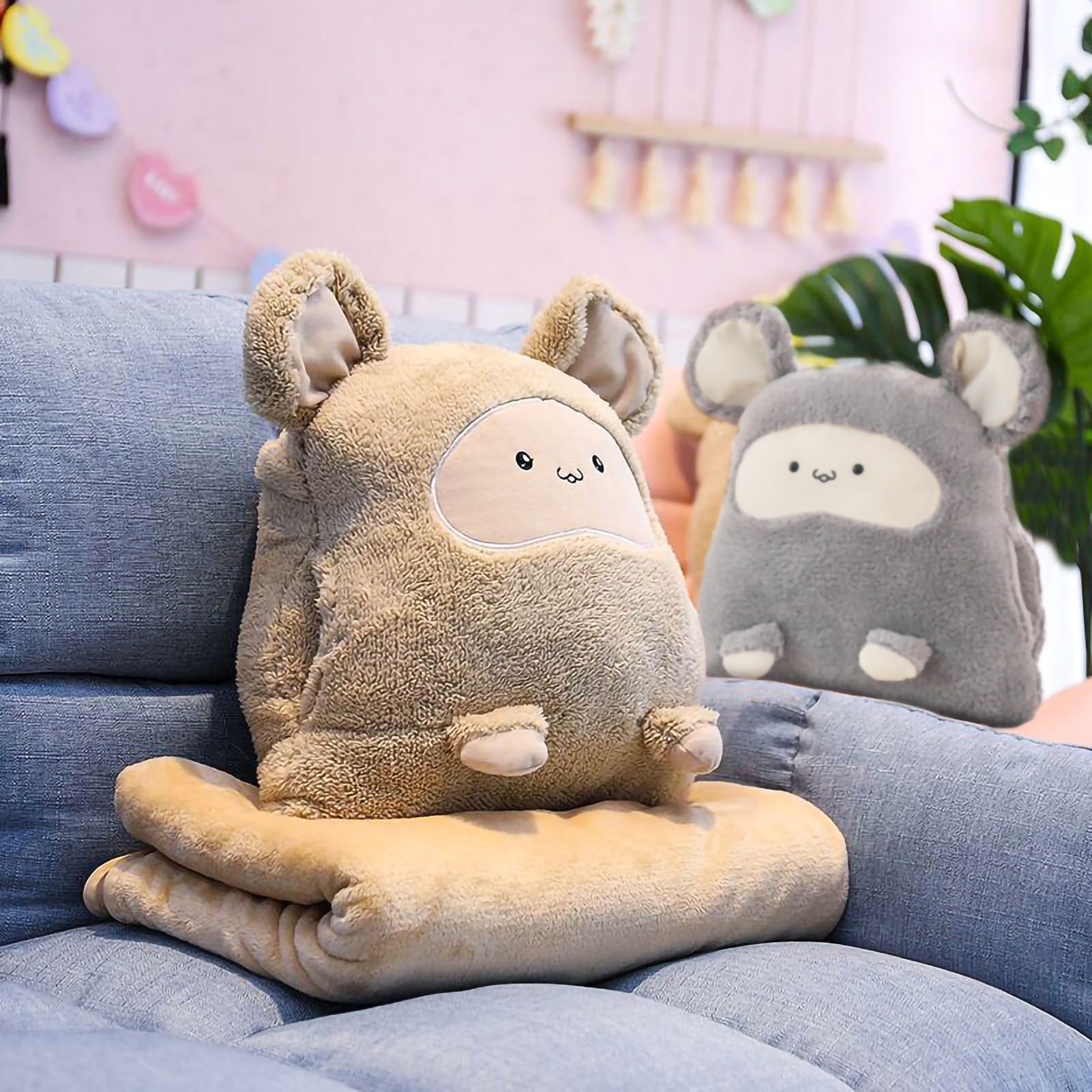 Plush Cushion Pillow Air Conditioning Blanket Cute Mouse Appearance Multifunctional Blanket Throw Pillow Beige 7318 About 100x80cm - Image 5