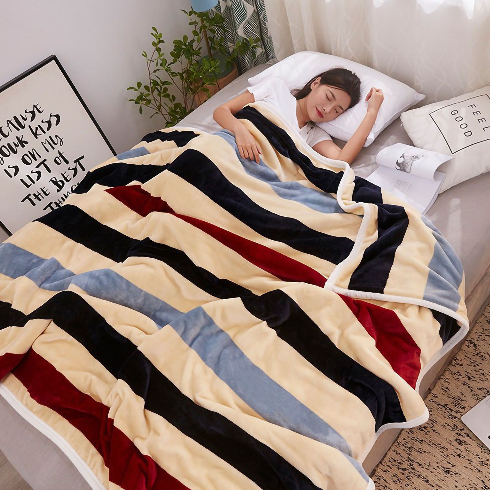 Throw Blanket Cartoon Pattern Thickened Air Conditioning Blanket for Home Bedroom Office Travel Stripes 150x200cm / 59.1x78.7in - Image 1