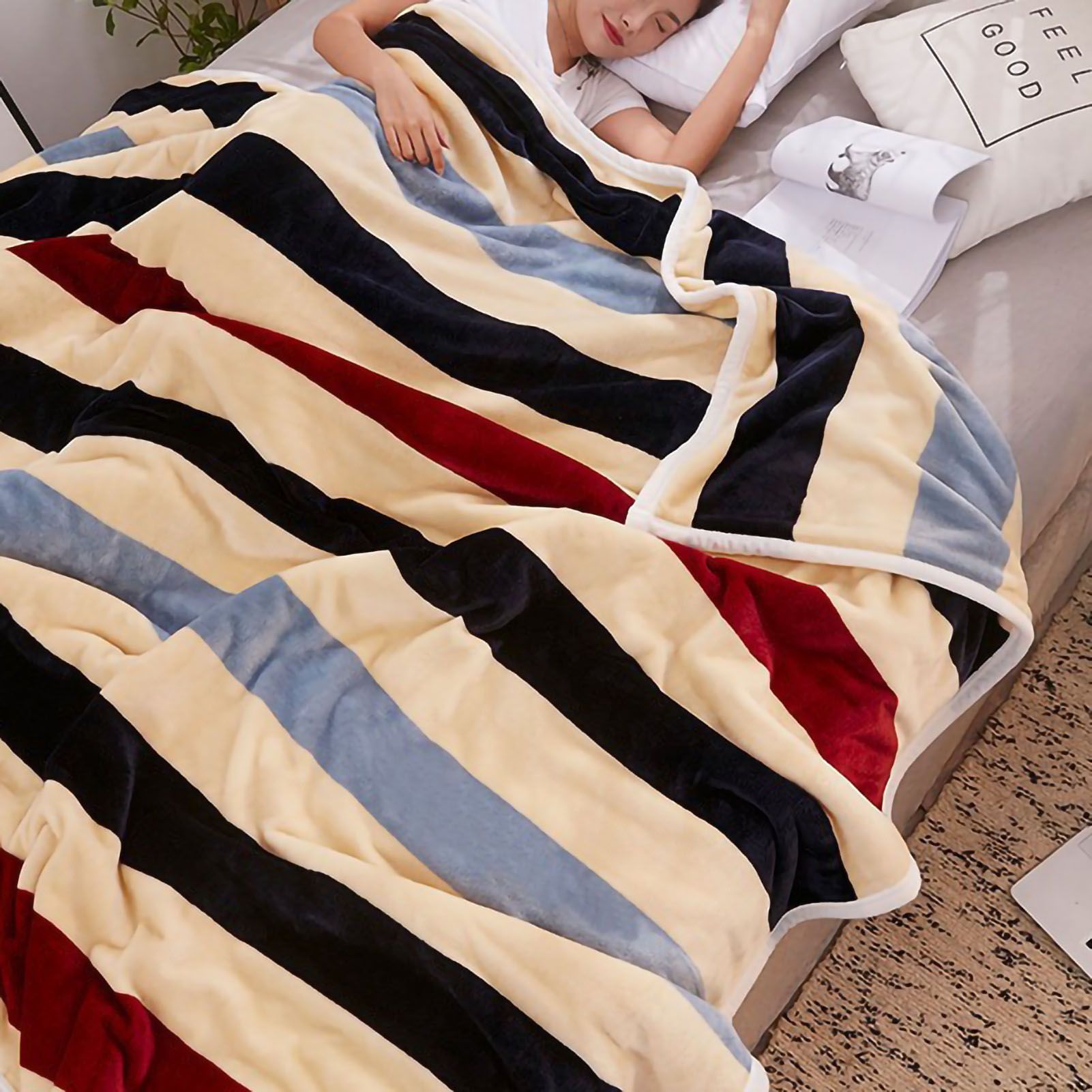 Throw Blanket Cartoon Pattern Thickened Air Conditioning Blanket for Home Bedroom Office Travel Stripes 150x200cm / 59.1x78.7in - Image 2