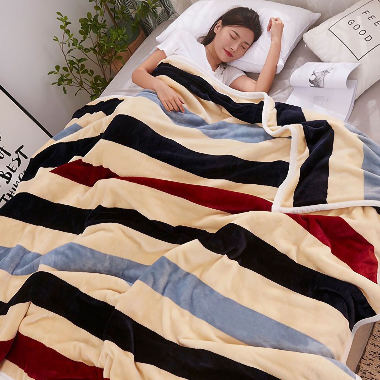 Throw Blanket Cartoon Pattern Thickened Air Conditioning Blanket for Home Bedroom Office Travel Stripes 150x200cm / 59.1x78.7in - Image 4