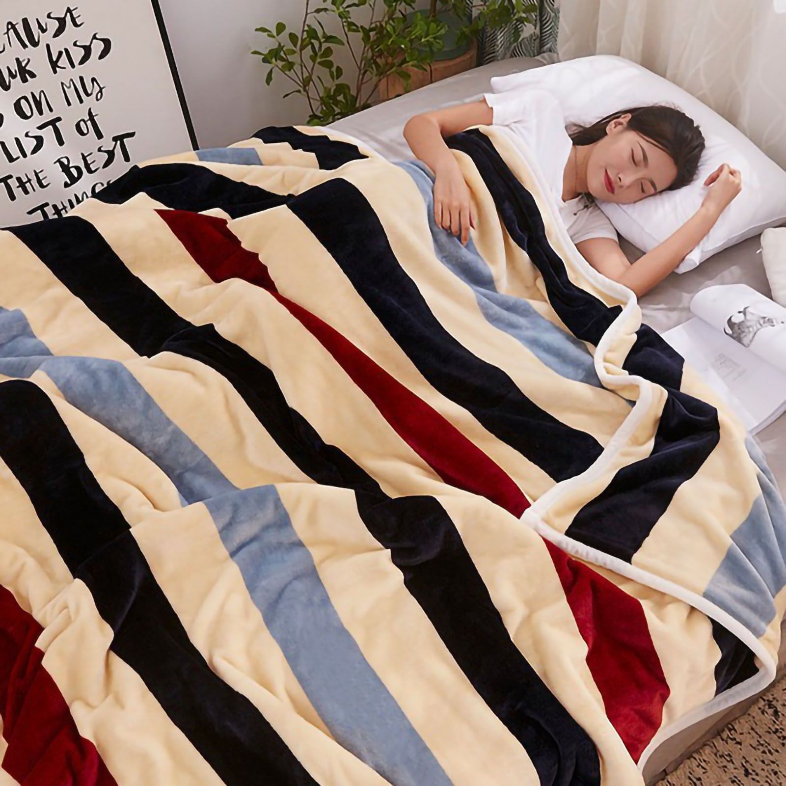 Throw Blanket Cartoon Pattern Thickened Air Conditioning Blanket for Home Bedroom Office Travel Stripes 150x200cm / 59.1x78.7in - Image 5