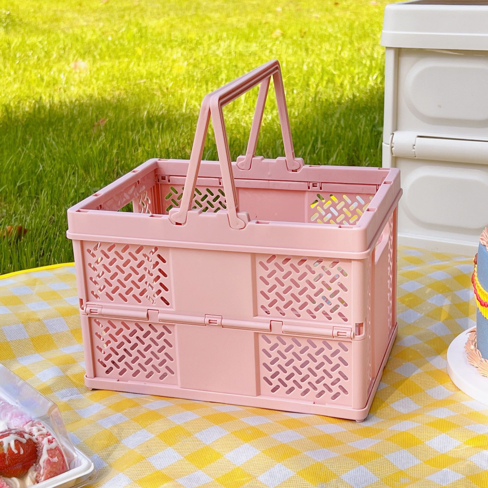 Folding Picnic Basket Stackable Storage Box Plastic Grocery Shopping Basket with Handles for Outdoor Home Pink - Image 1