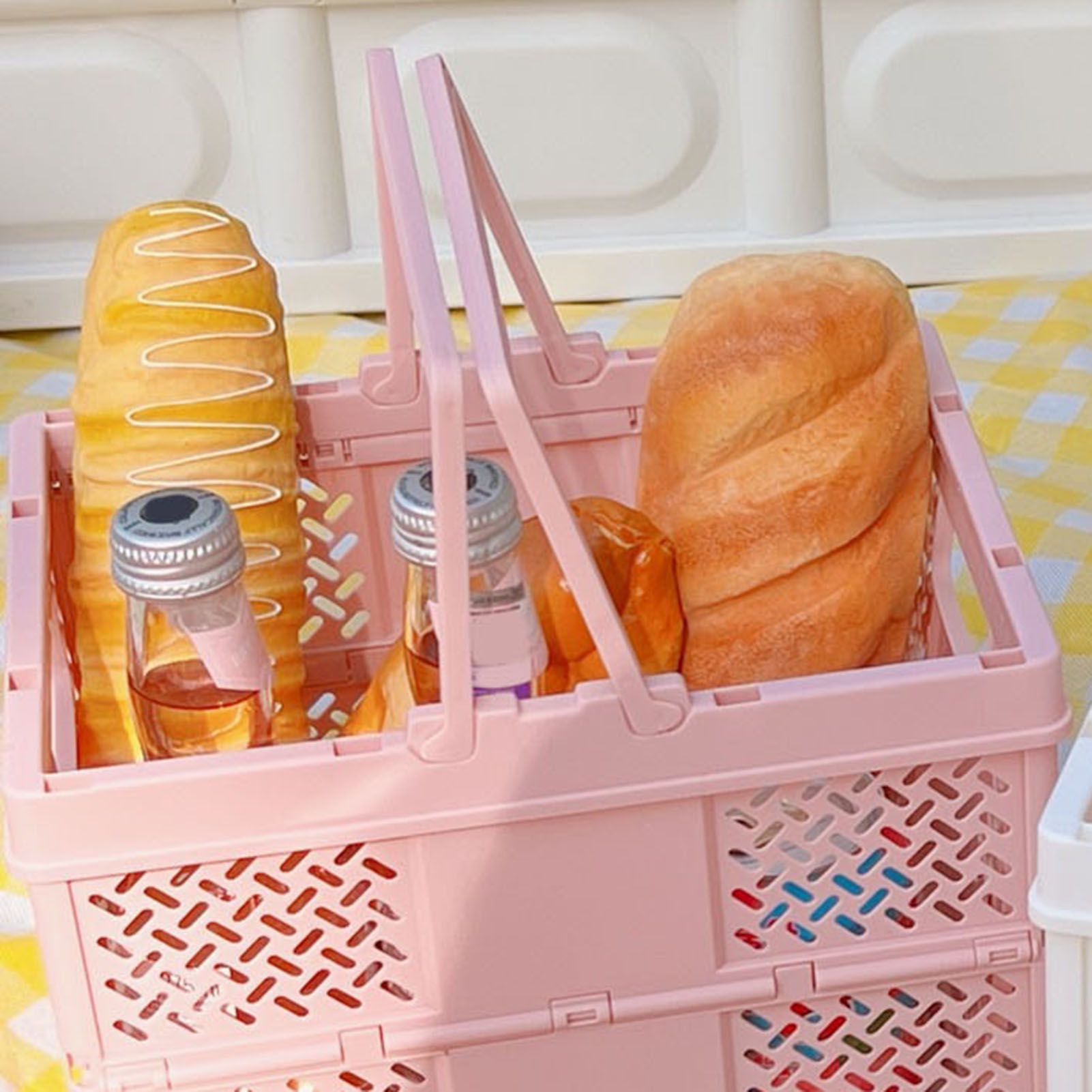 Folding Picnic Basket Stackable Storage Box Plastic Grocery Shopping Basket with Handles for Outdoor Home Pink - Image 3